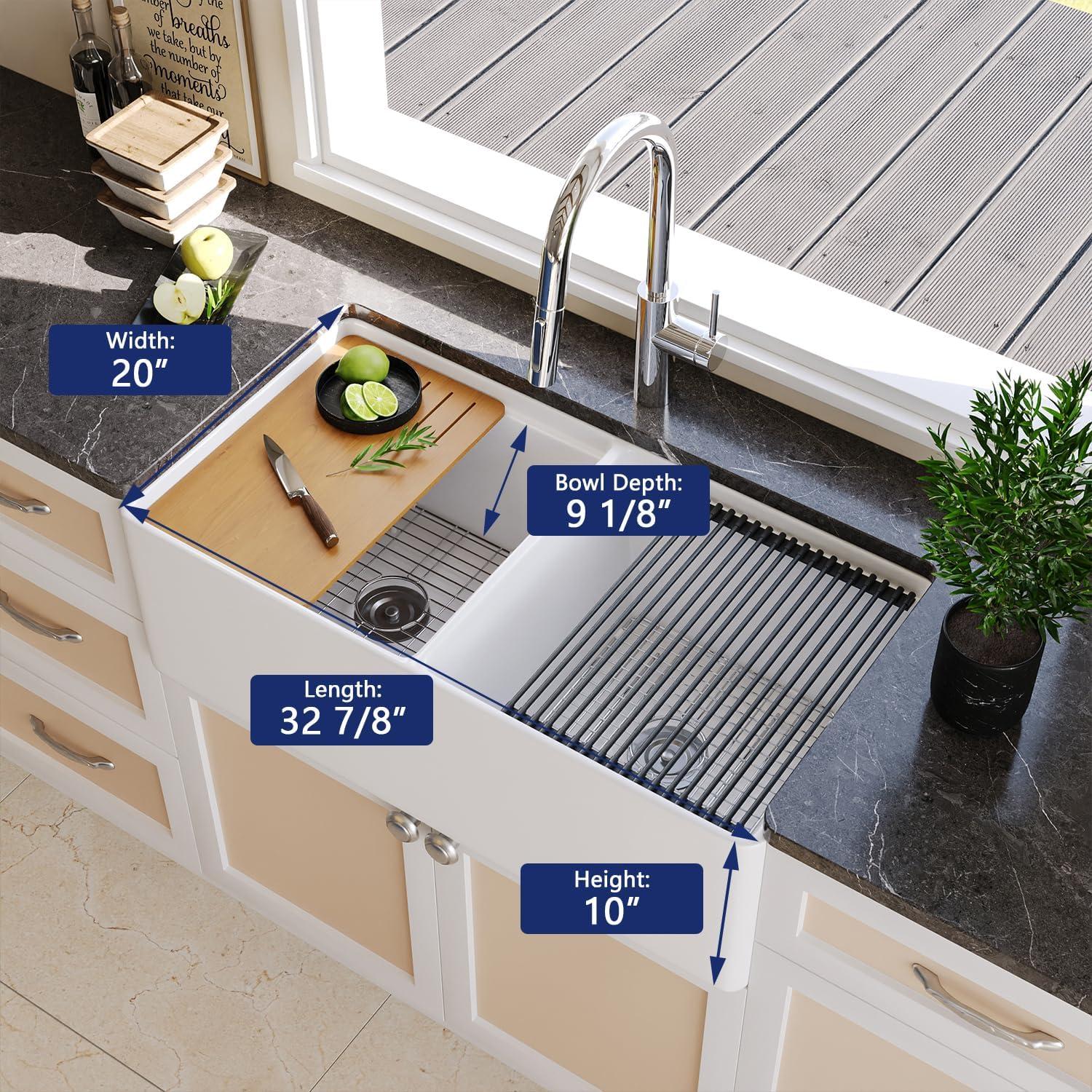 DeerValley 33" L X 20" W Double Basin Workstation Farmhouse Kitchen Sink With Sink Grid, Cutting Board And Dish-Drying Rack