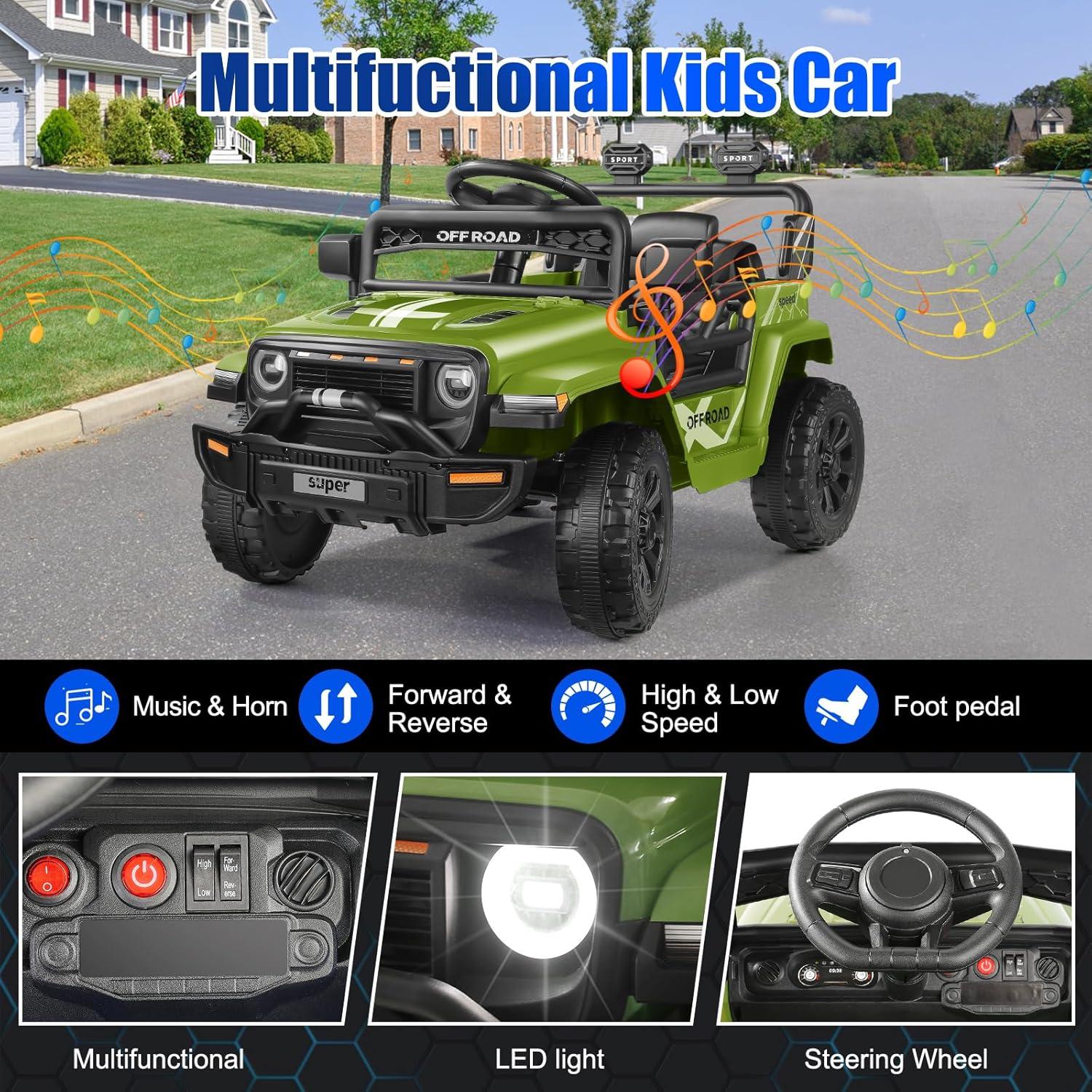 12V Ride On Toys For Kids With Remote Control, 1 Seater Kids Electric Car Jeep,LED Lights, Multi-Speed Transmission, MP3 Player