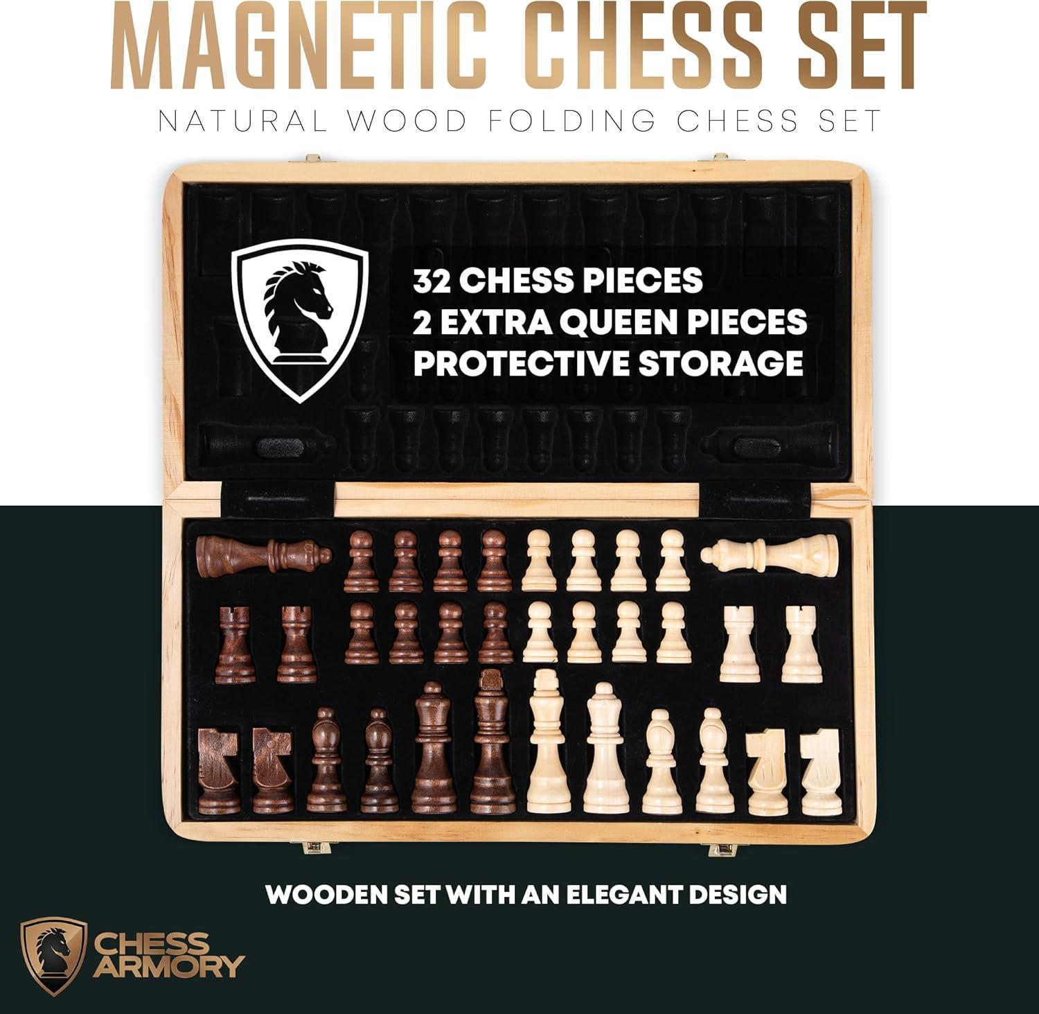 Chess Armory 15" Magnetic Wooden Chess Set with Extra Queens & Storage Box - Perfect for Adults & Kids