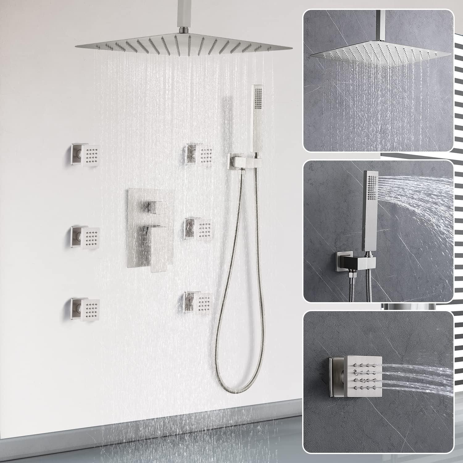 3-Function Ceiling Mounted Thermostatic Rainfall Shower System with 6 Body Jets and Rough-in Valve