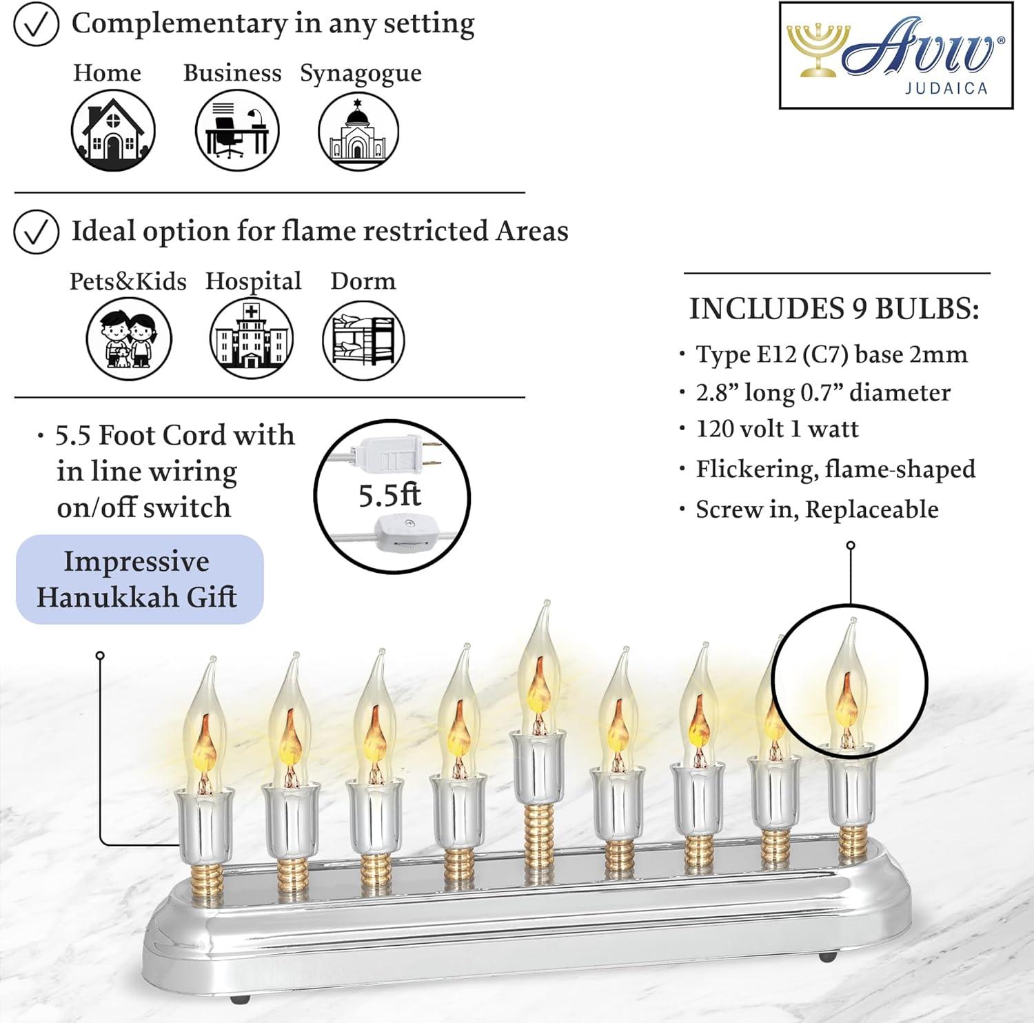 Aviv Judaica Contemporary Electric Hanukkah Menorah Stainless Steel Hanukkiah with Flickering Bulbs Horizontal Electronic Minorah for Chanukah Flameless Candles or Hanukkah Lights Decorations