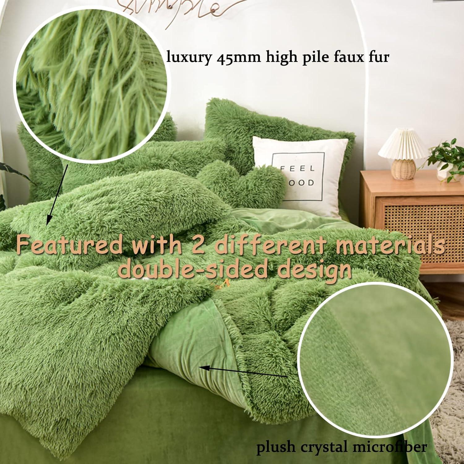 MorroMorn 5 PCS Shaggy Duvet Cover Bedding Set - Fluffy Comforter Cover Long Faux Fur Luxury Ultra Soft Cozy (Olive Green, Full/Queen)