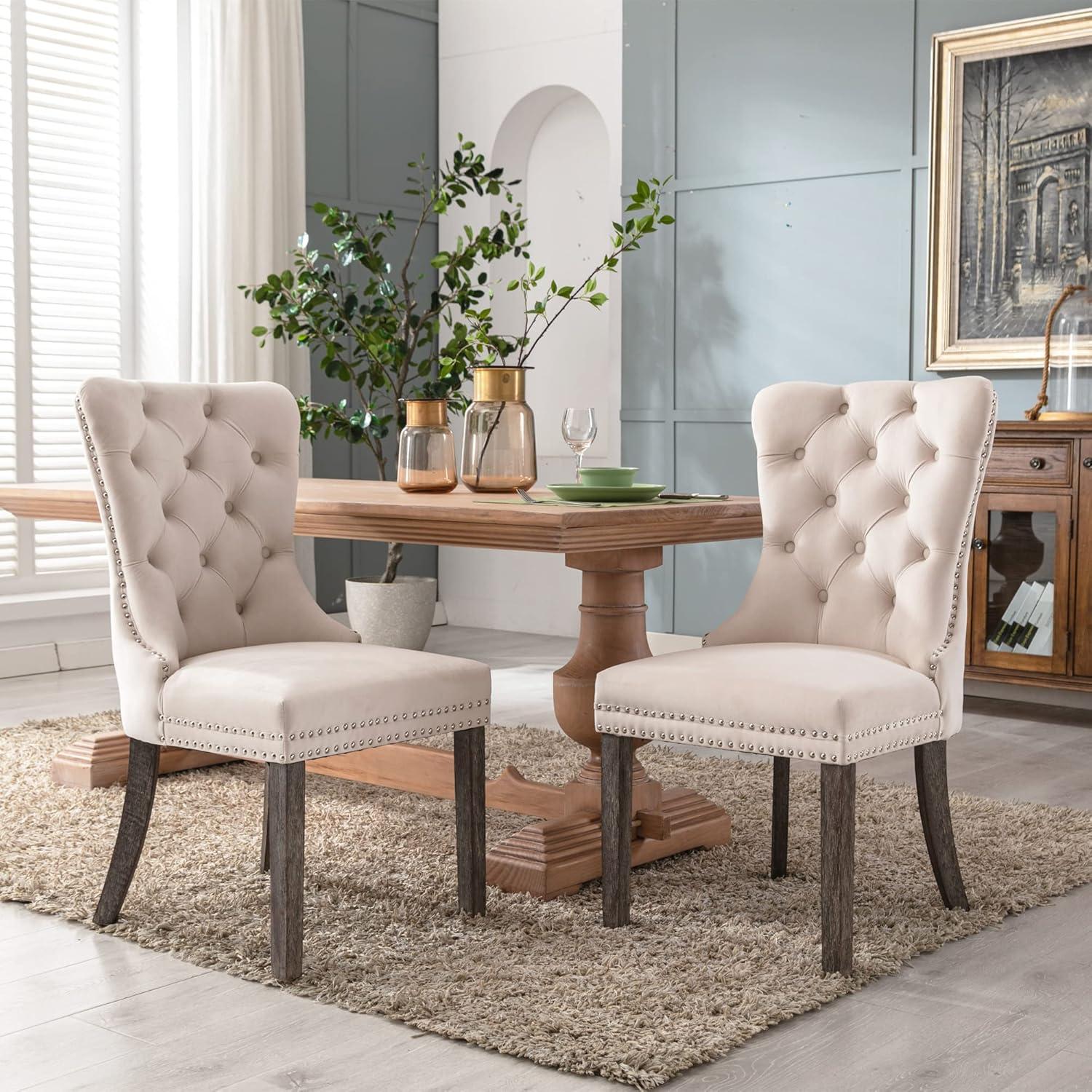 SoarFlash Velvet Dining Chairs Set of 4, Tall Back Side Chair, Modern Upholstered High-end Tufted Side Chair with Button Back Ring, Solid Wood Legs (Beige)