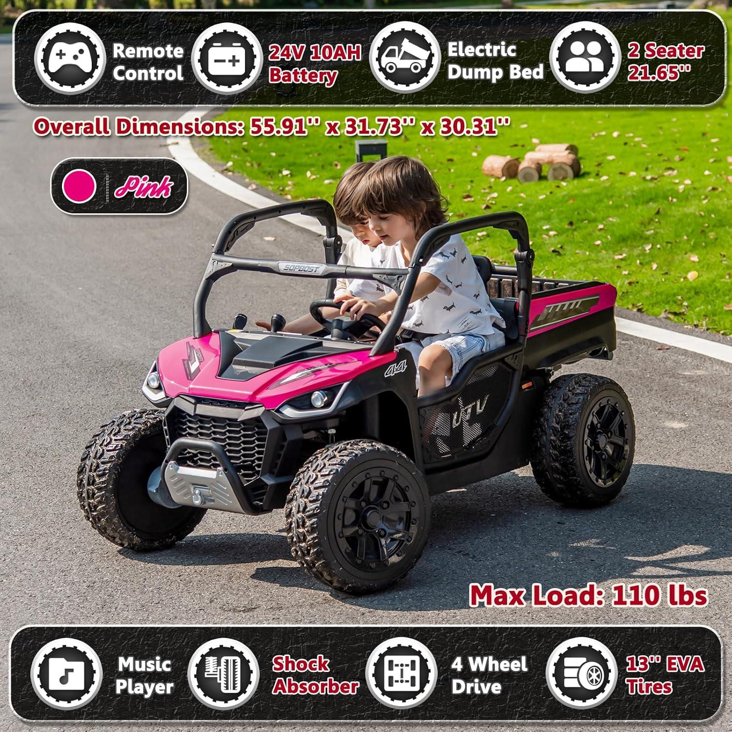 DreamDwell Home 4 Wheels 24V Ride on Dump Truck Toys 2 Seater Kids Ride On UTV Car with Remote Control,Electric Dump Bed