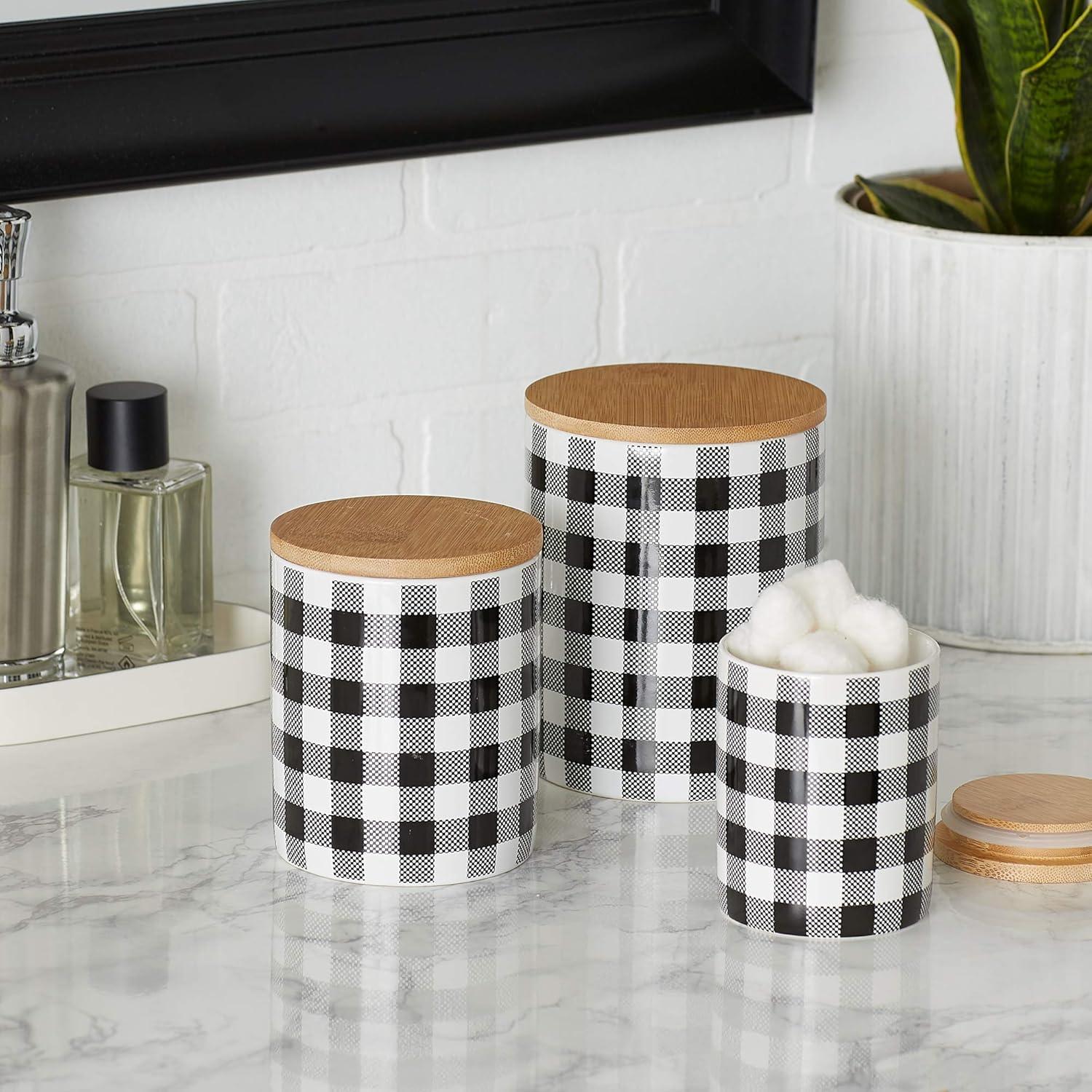 Black and White Buffalo Check Ceramic Canister Set with Bamboo Lids