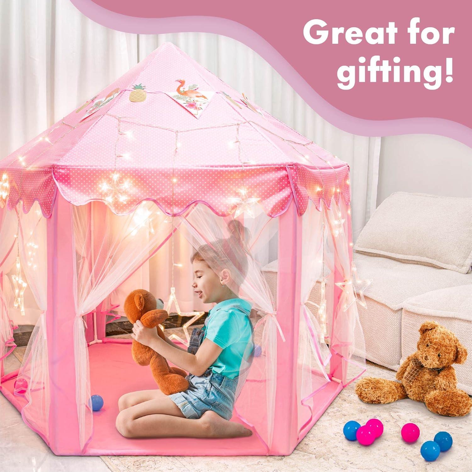 Twinkle Star 55"x 53" Princess Play Castle Tent with Ultra Soft Rug for Girls Playhouse Include Star String Lights and Banners Decor, Princess Tent, Kids Game House for Indoor Outdoor Game, Pink