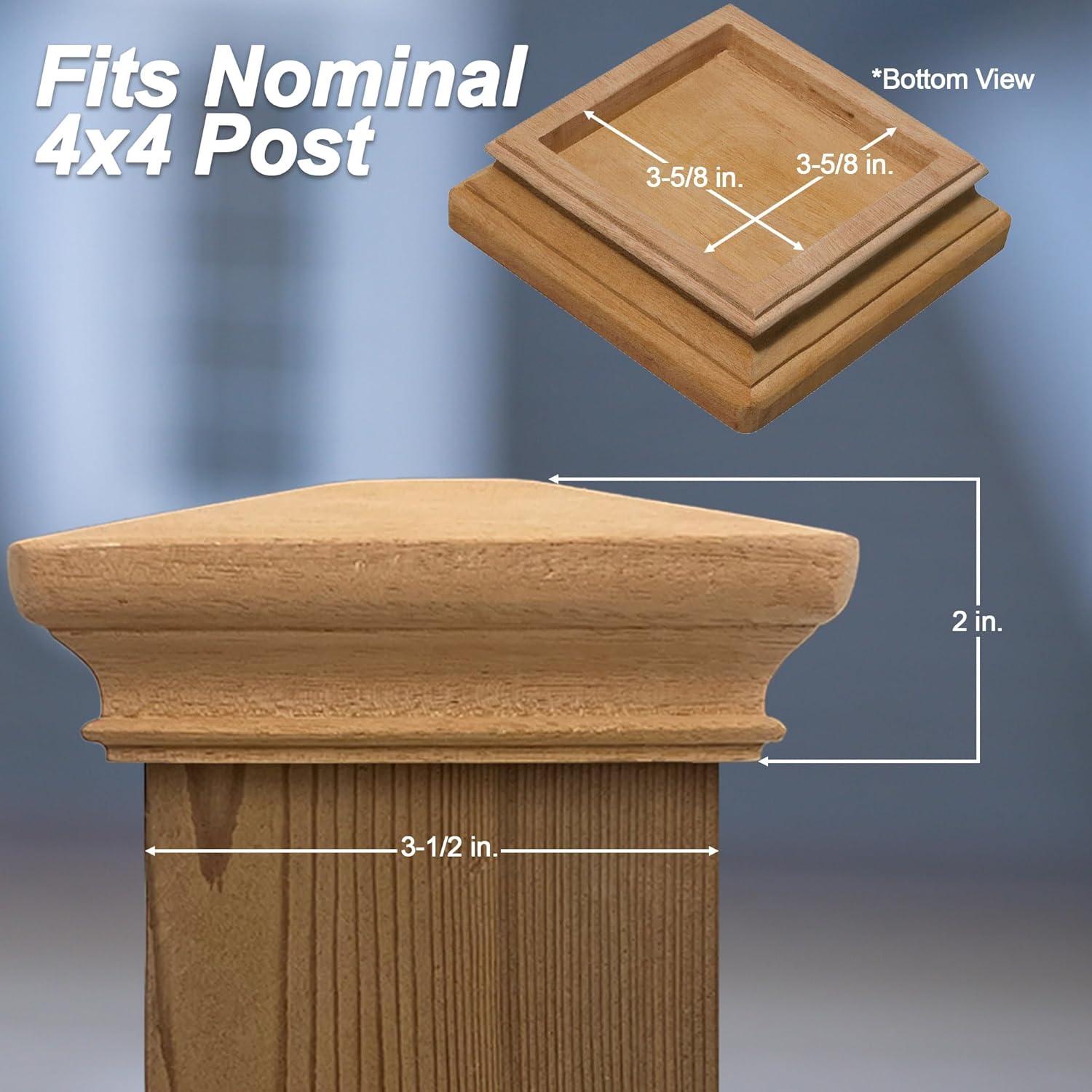 3.5" x 3.5" Wood ONE-Piece Slip Over Post Cap - Traditional Pyramid - One-Piece Miterless - 3/8" Extended Lip - (for 4x4 Post Measuring 3-1/2" x 3-1/2")