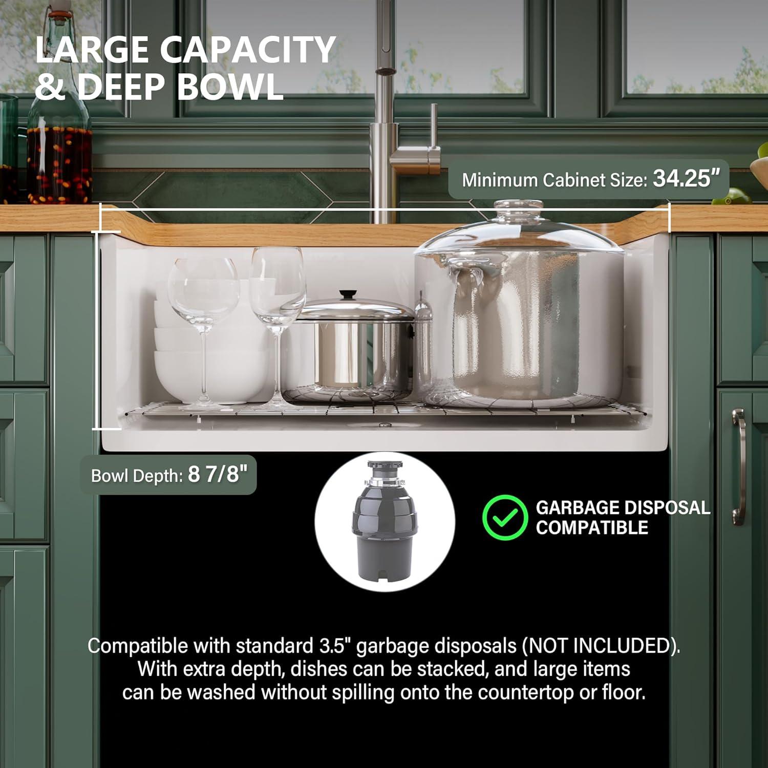 32" L x 19" W Single Bowl Fireclay Kitchen Sinks White with Bottom Grids and Basket Strainer