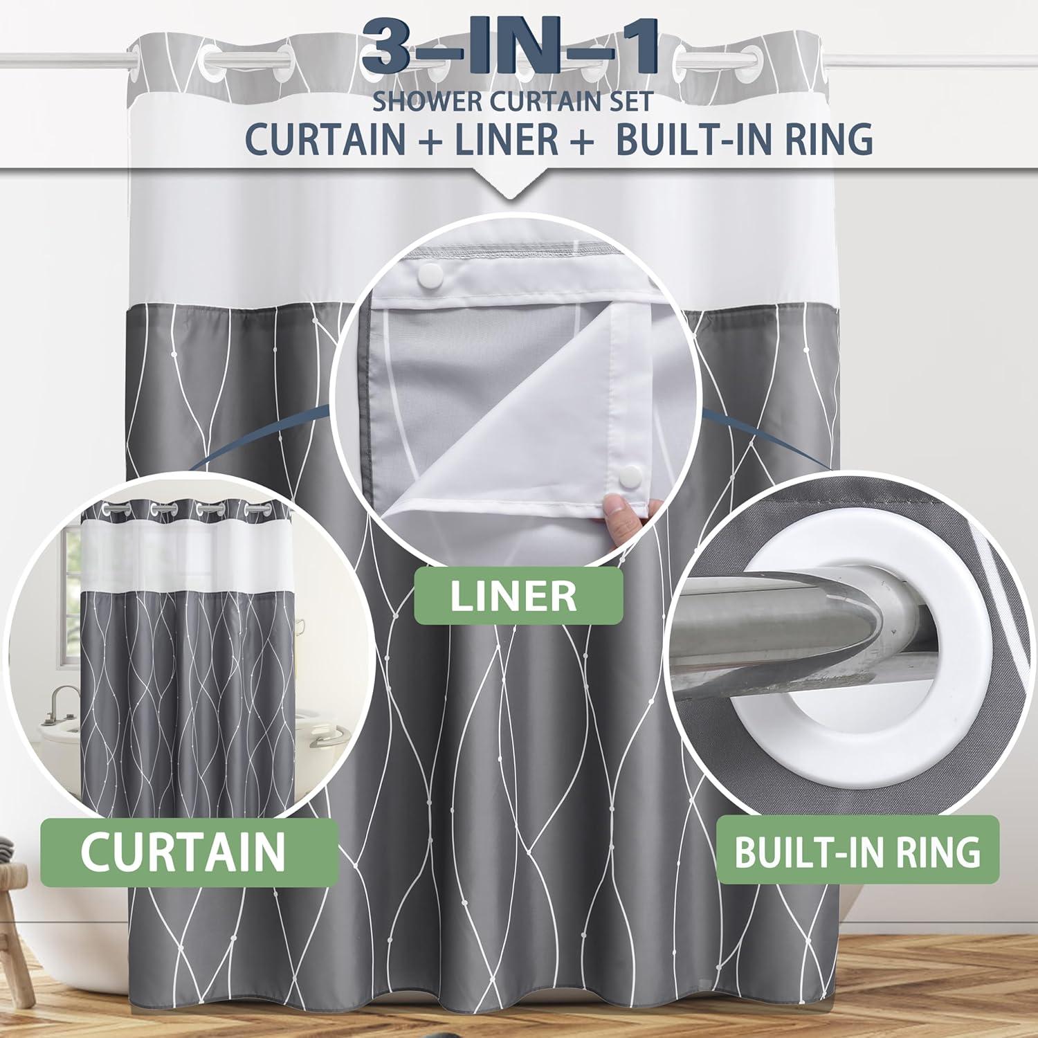 Grey White Striped Fabric Shower Curtain with Snap in Removable Liner for Bathroom Bathtubs,Hotel Shower Curtain and Liner Set with See Through Mesh Top Window,Machine Washable (71"W X 74"H)