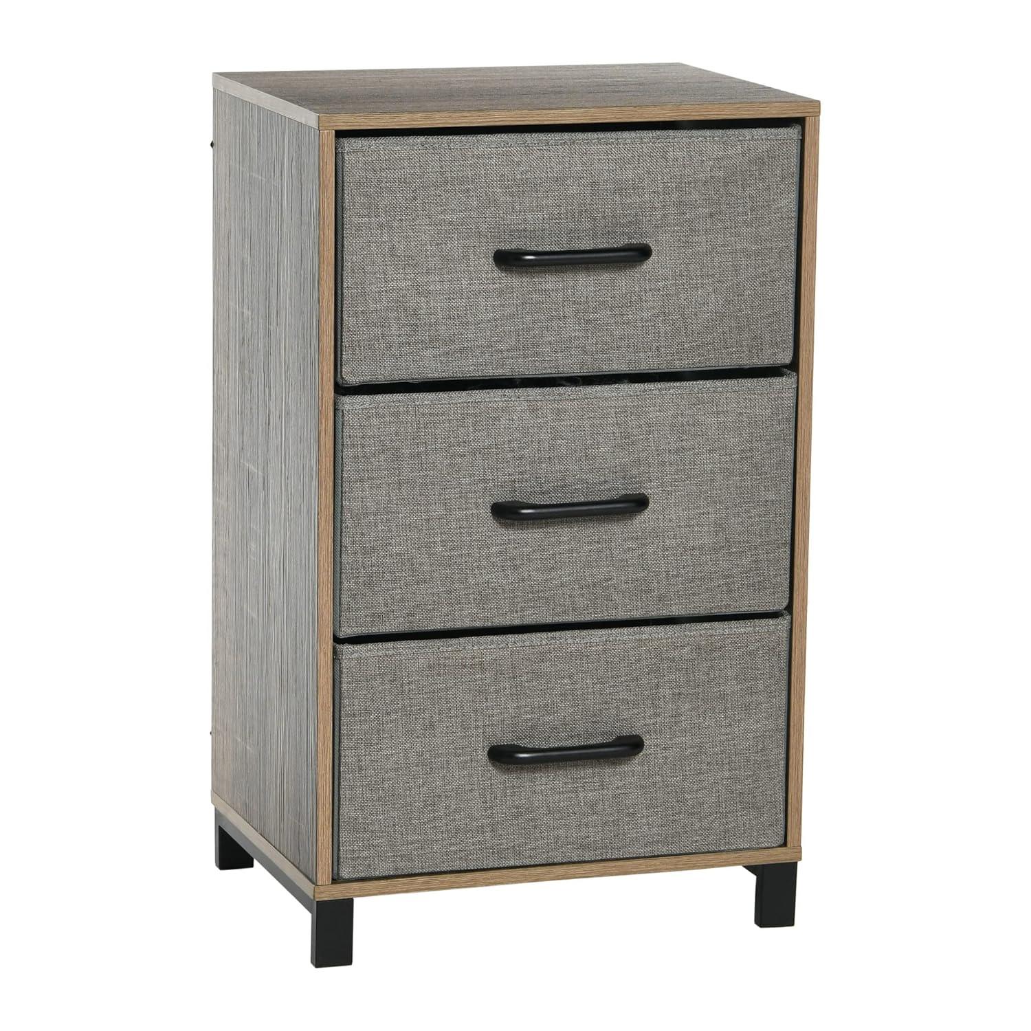 Household Essentials Dresser Nightstand Chest of Drawers Ashwood Rustic Wood Grain with 3 Grey Strorage Drawers