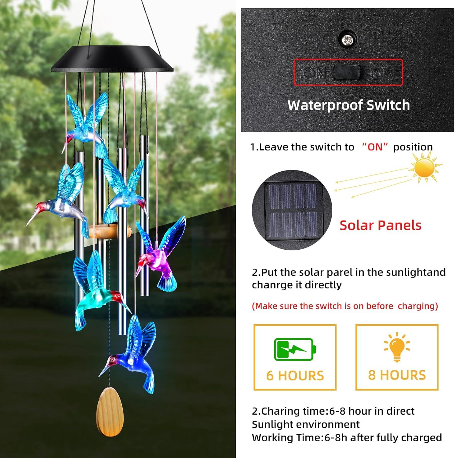 25-Inch Color Changing Hummingbird Solar Wind Chimes with Aluminum Tubes