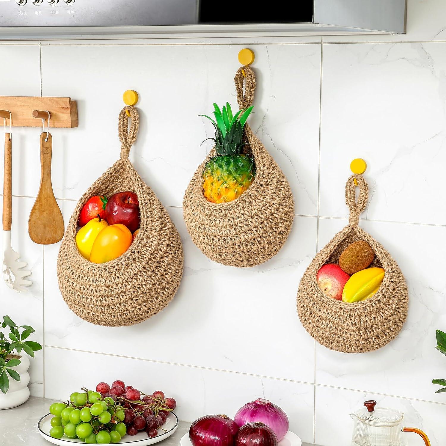 Hanging Fruit Baskets For Kitchen, 3 Pack Wall Hanging Fruit Baskets Boho Hanging Wall Basket, Hanging Kitchen Baskets For Fruits, Vegetables And Onion Storage