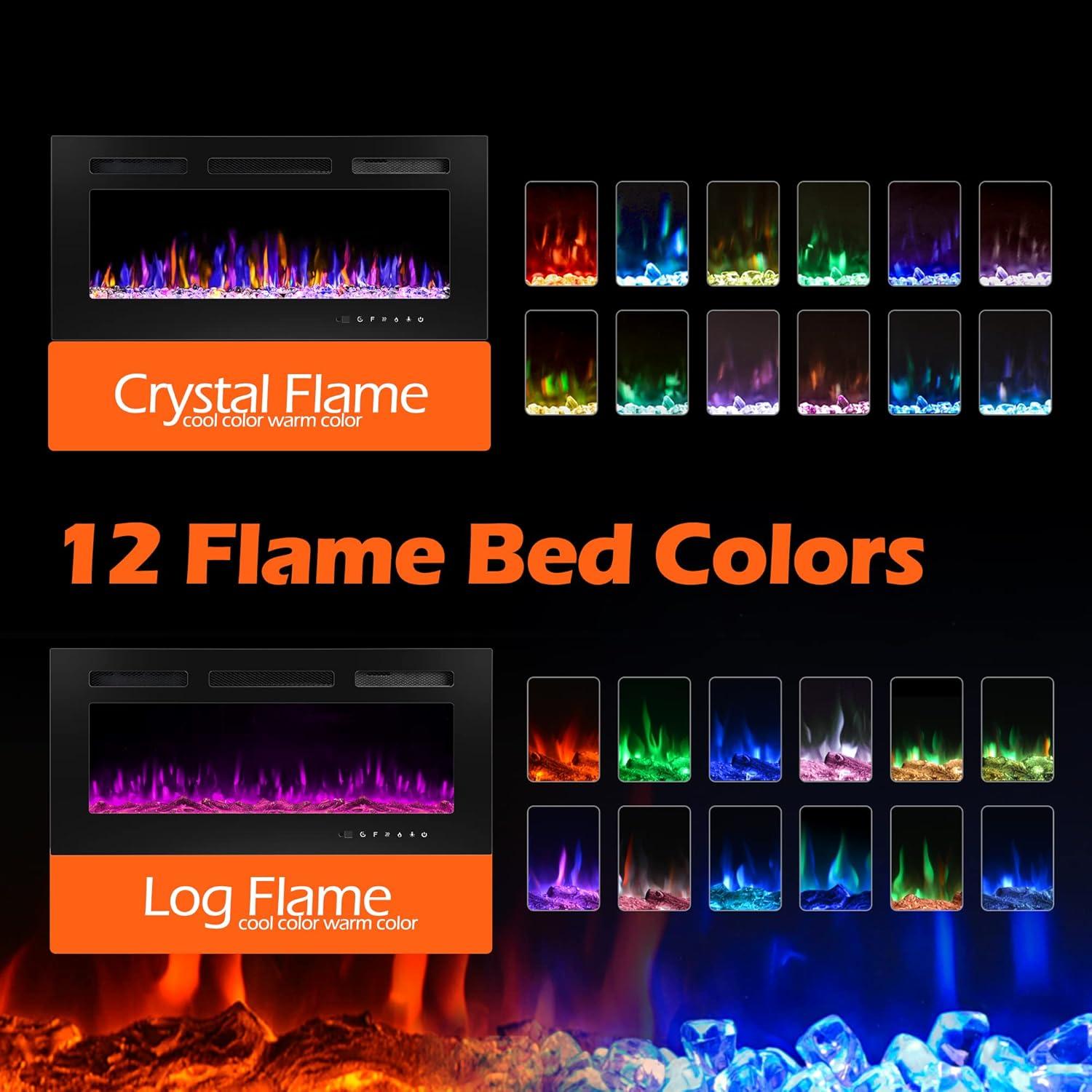 36'' Black Tempered Glass Electric Wall-Mounted Fireplace