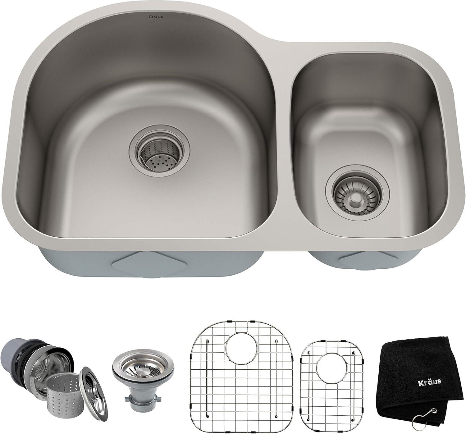 KRAUS Premier 30-inch L 16 Gauge Undermount 60/40 Double Bowl Stainless Steel Kitchen Sink