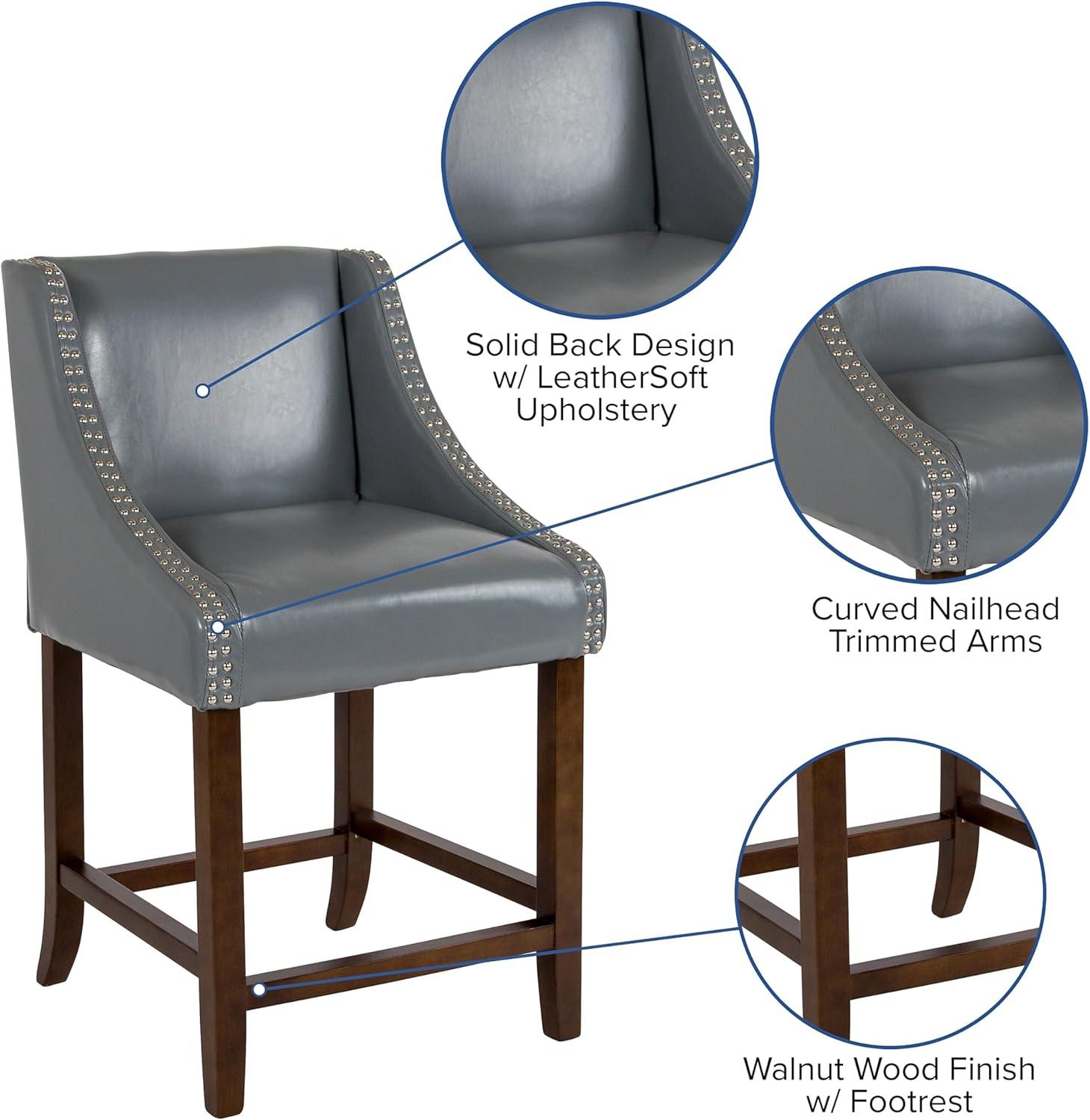Flash Furniture Carmel Series 24" High Transitional Walnut Counter Height Stool with Nail Trim in Light Gray LeatherSoft, Set of 2