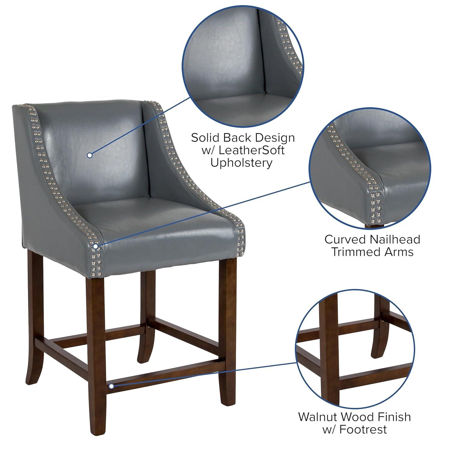 Flash Furniture Carmel Series 24" High Transitional Walnut Counter Height Stool with Nail Trim in Light Gray LeatherSoft, Set of 2