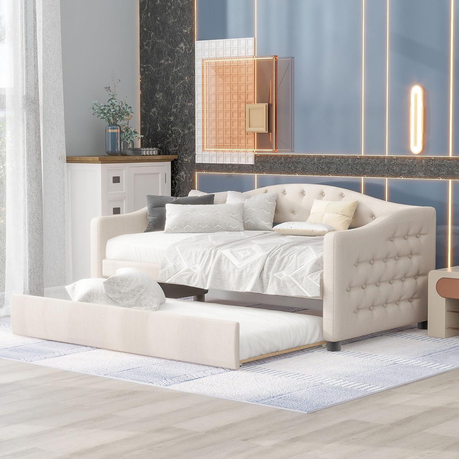 Twin Size Upholstered Daybed with a Trundle, Daybed Frame with backrest and Armrest, Beige