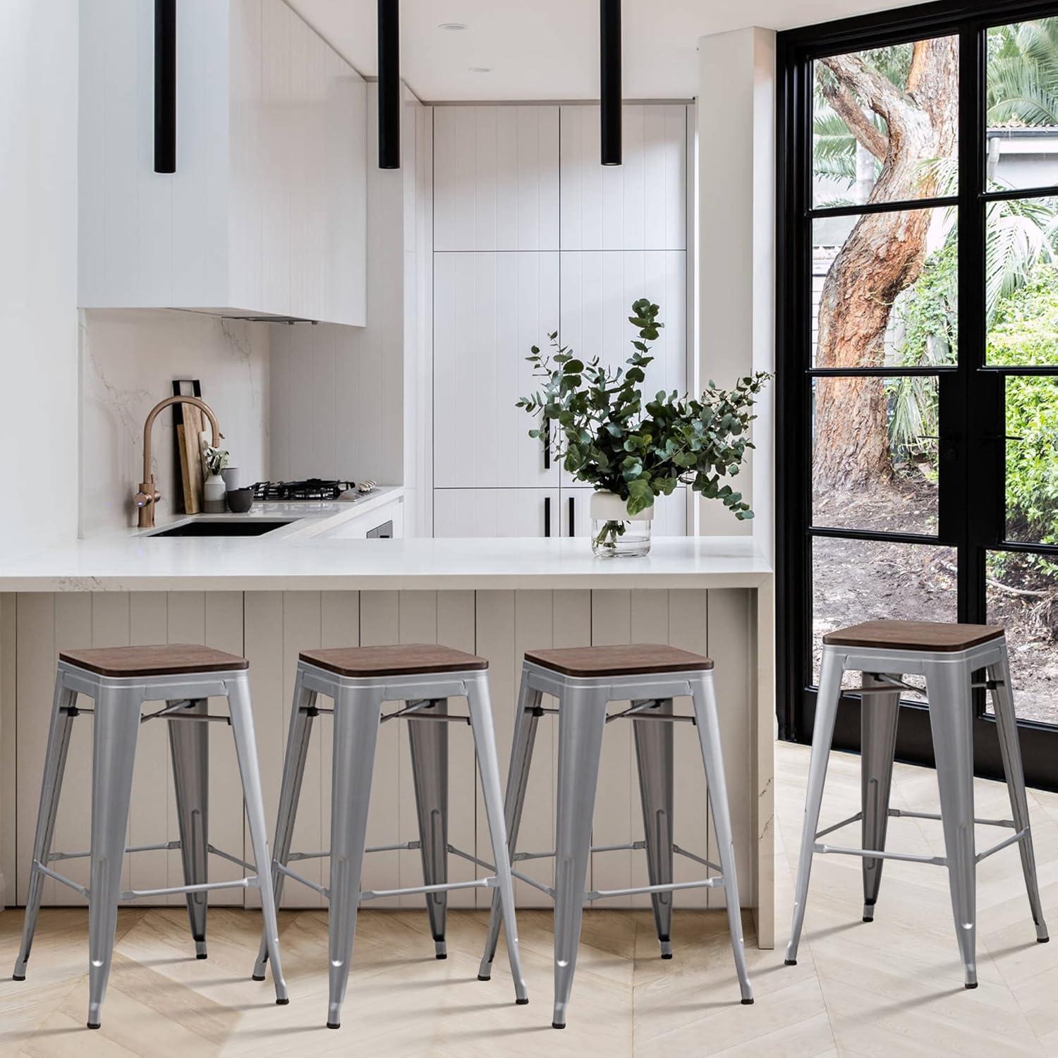 Drevy 26" Metal Counter Height Bar Stools Set of 4 Industrial Backless Kitchen Patio Counter Stool Stackable Barstools Wood Top-Silver