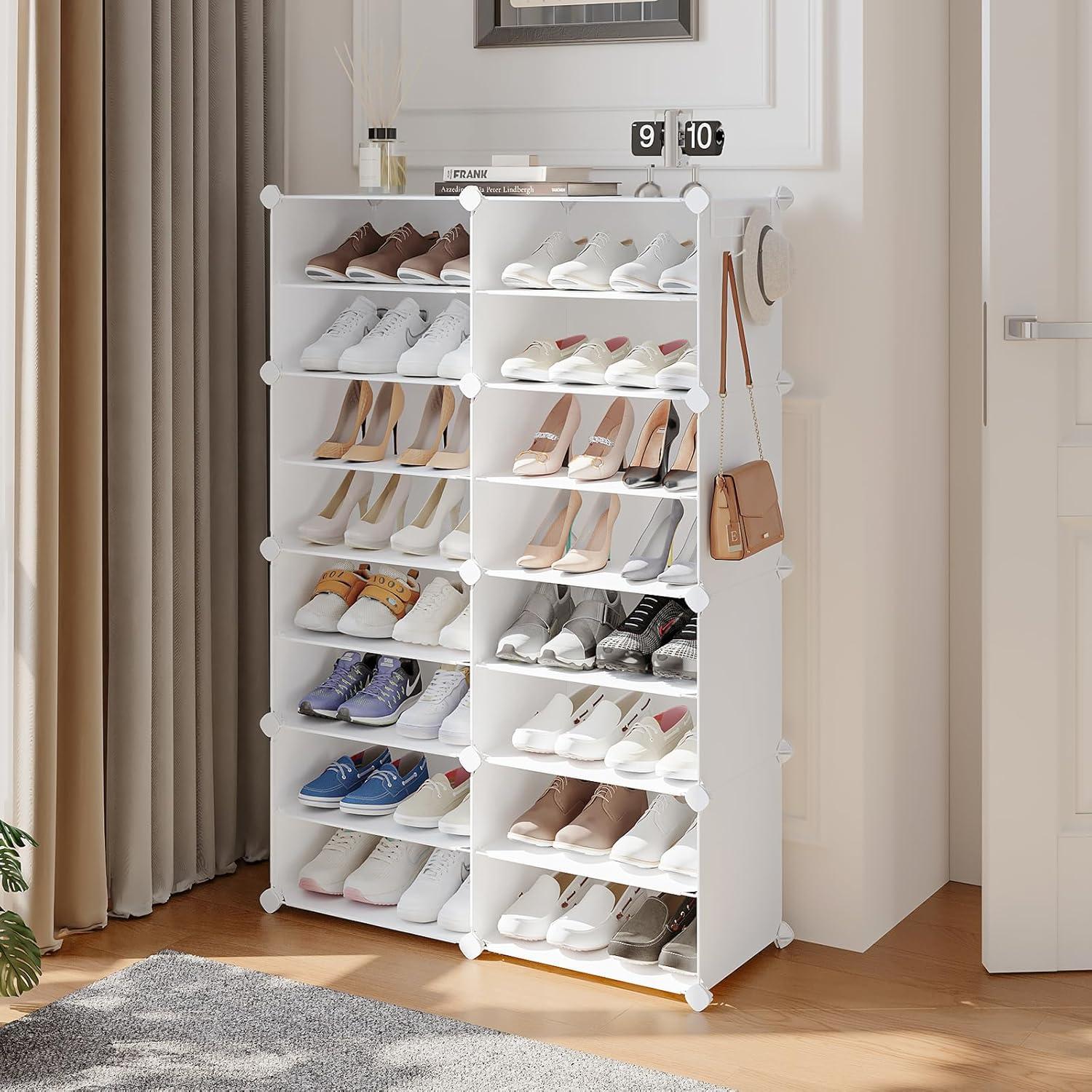 Shoe Rack, 8 Tier Shoe Storage Cabinet with Door, 32 Pair Shoe Organizer Shelves for Closet Hallway Bedroom Entryway, White