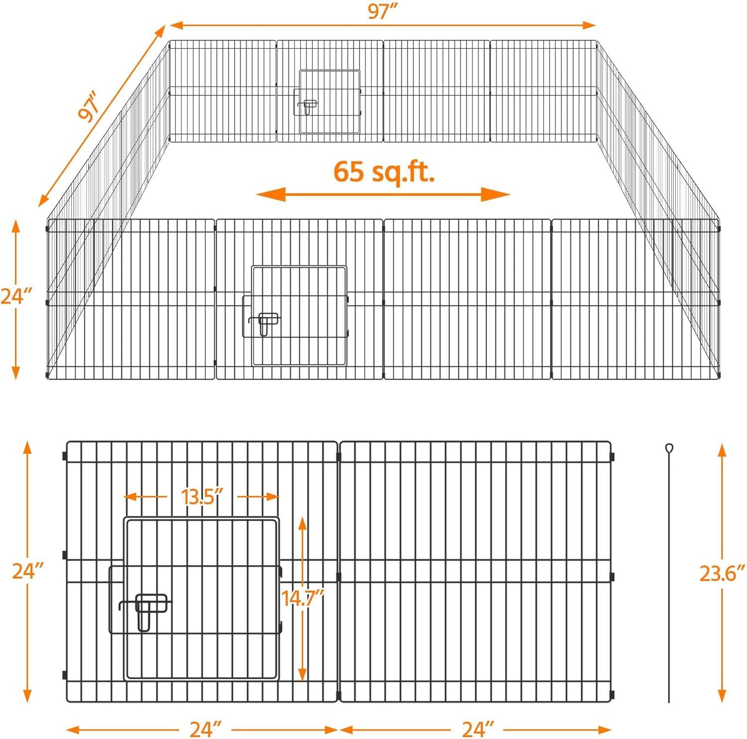 24 inch Black Metal Pet Playpen 16 Panel Foldable Playpen for Puppy - Outdoor & Indoor with Door - Metal Dog Exercise Pen Barrier Kennel Portable Puppy Fence