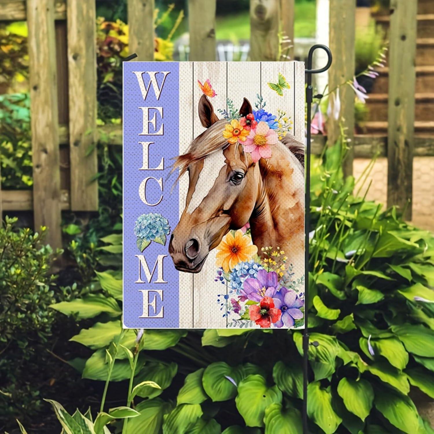 Spring Welcome Horse Garden Flag 12 x 18 inch Double Sided Outside decorations,Funny Cute Animal Small Garden Flags For Outdoor Yard Lawn