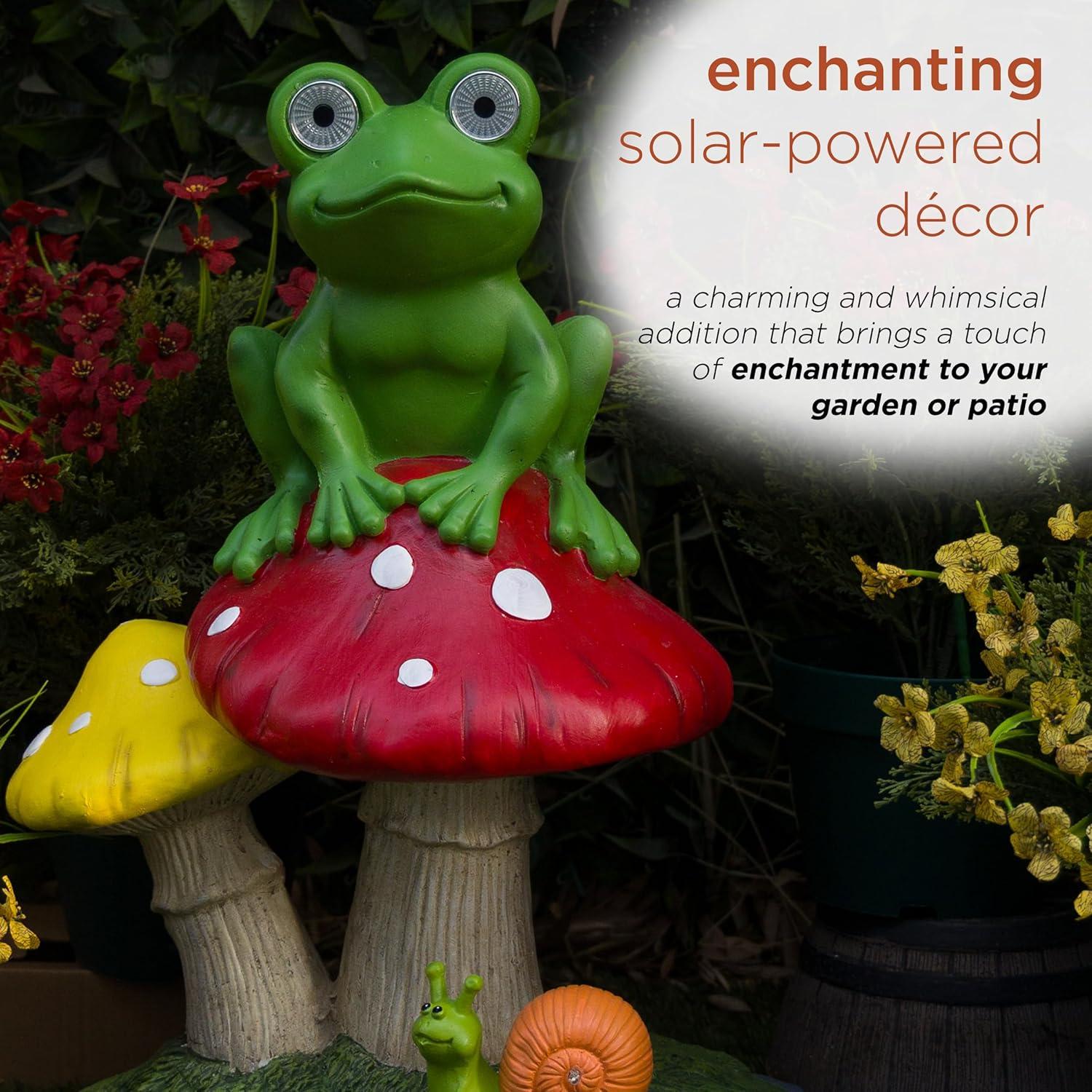 Solar Frog Sitting On Top of Mushroom Statue