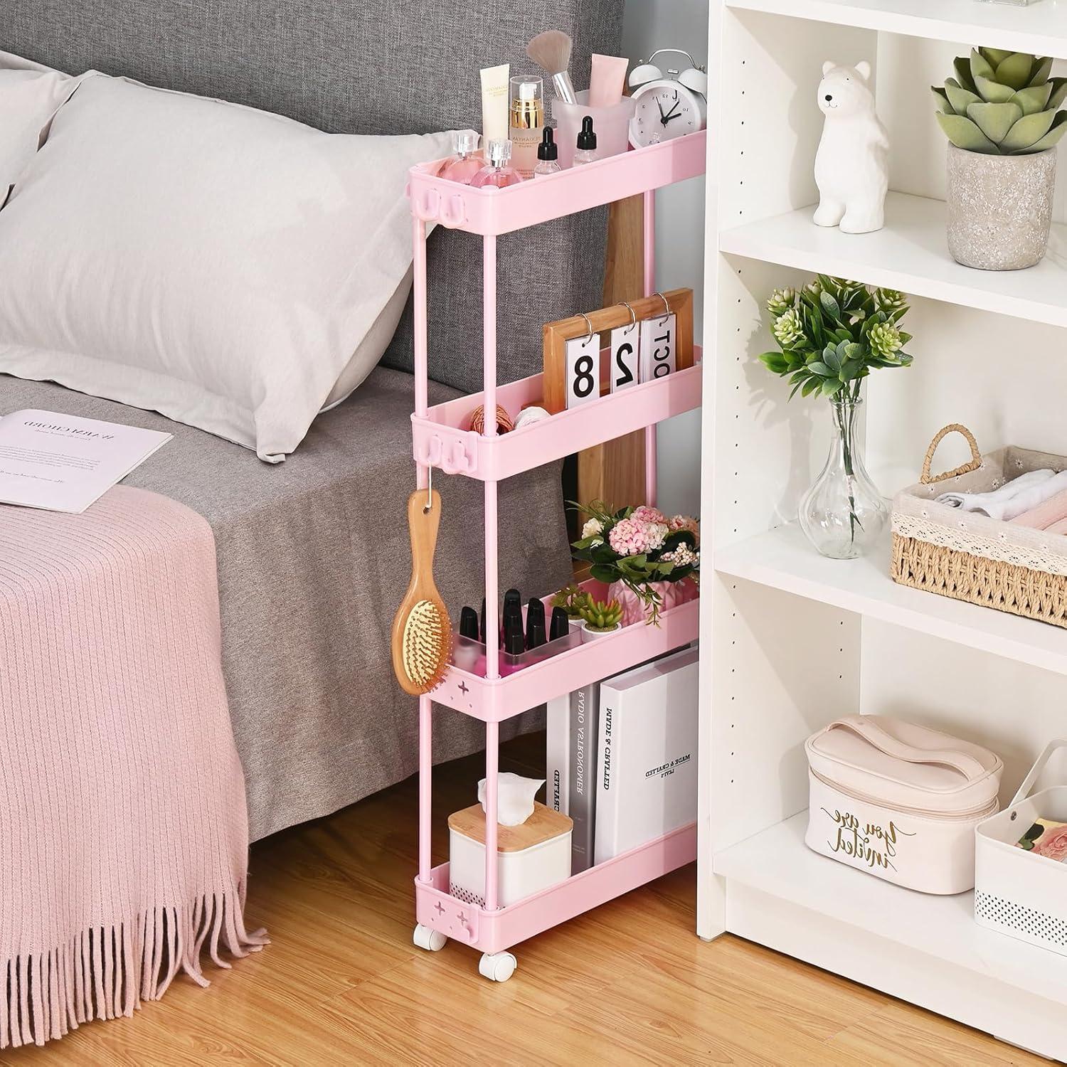 Pink 4-Tier Slim Plastic Rolling Storage Cart