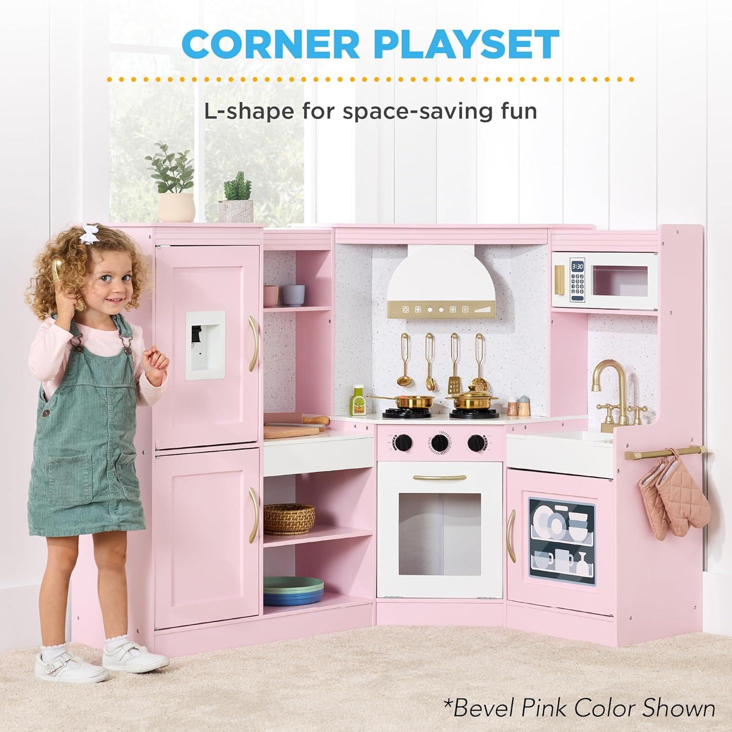 Best Choice Products Pretend Play Corner Kitchen, Interactive Wooden Kids Set w/ Lights & Sounds - Pink
