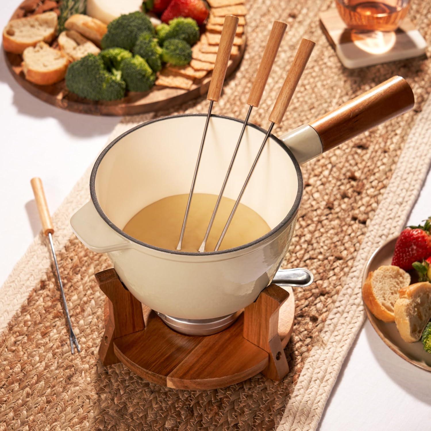 Wood and Cast Iron Fondue Set in Beige