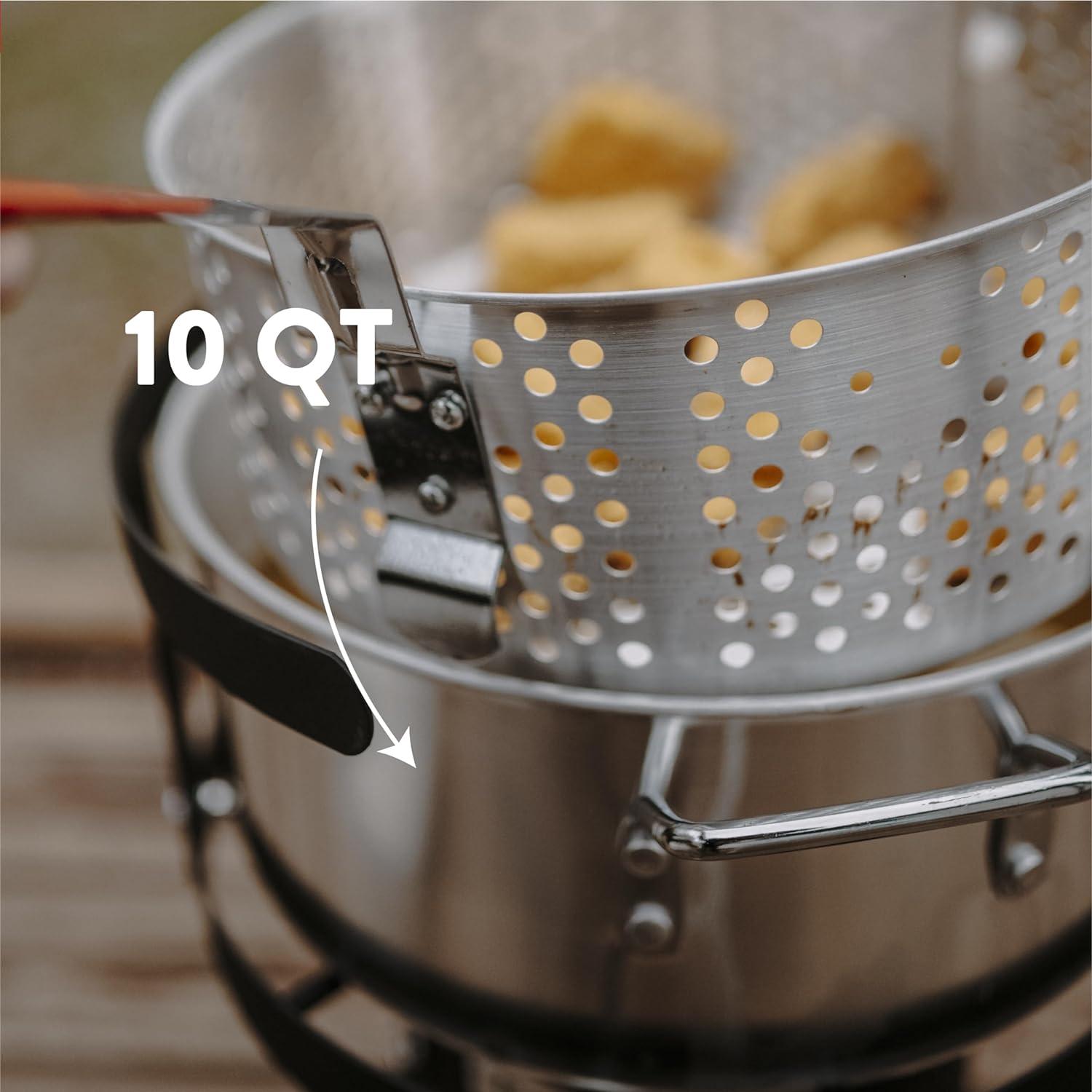 10Qt Aluminum Propane Deep Fryer with Strainer Basket and Thermometer