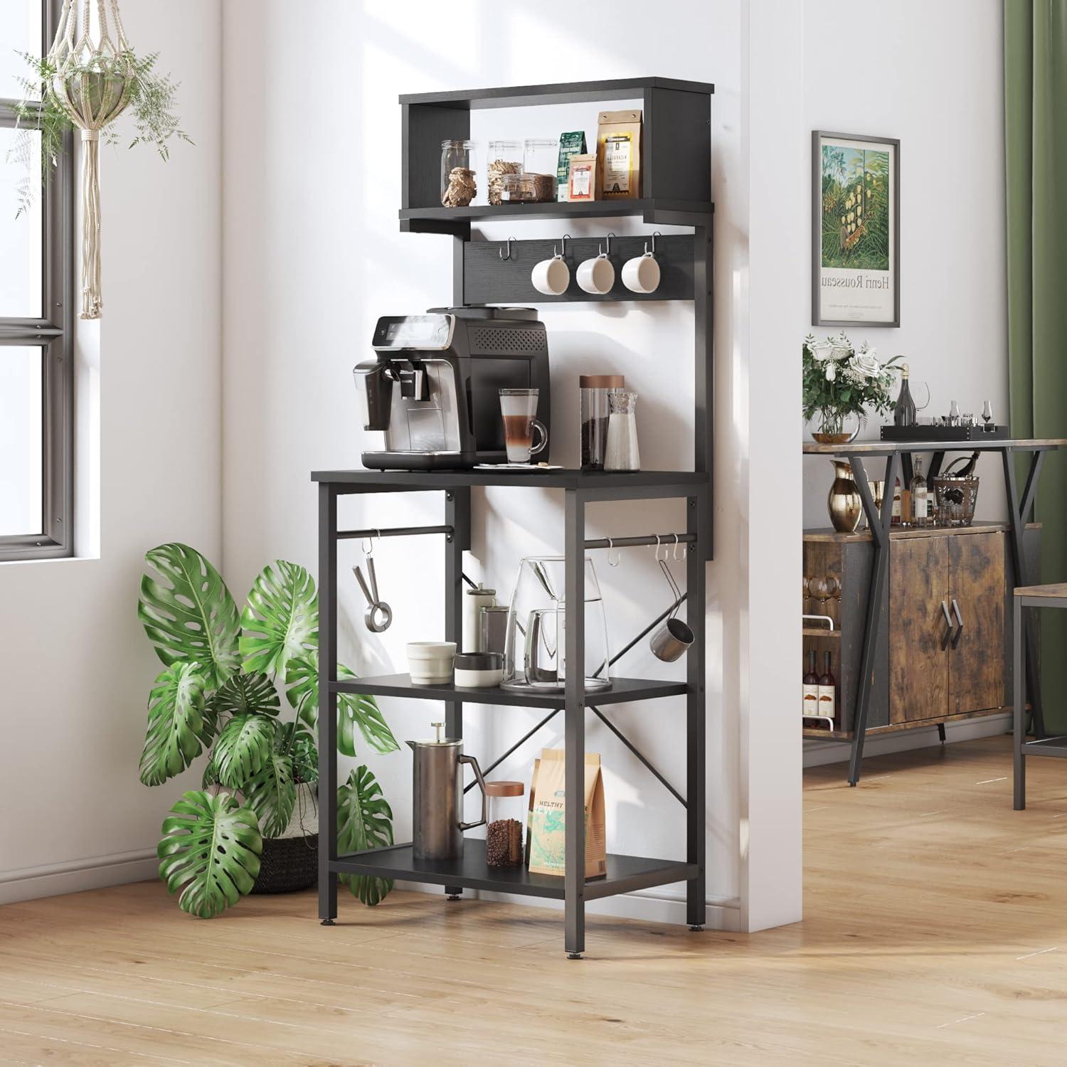 Bestier Kitchen Baker's Rack Microwave Oven Stand Kitchen Shelf with Hutch 8 Side Hooks Coffee Station Utility Storage Shelf for Kitchen Dining Room Living Room