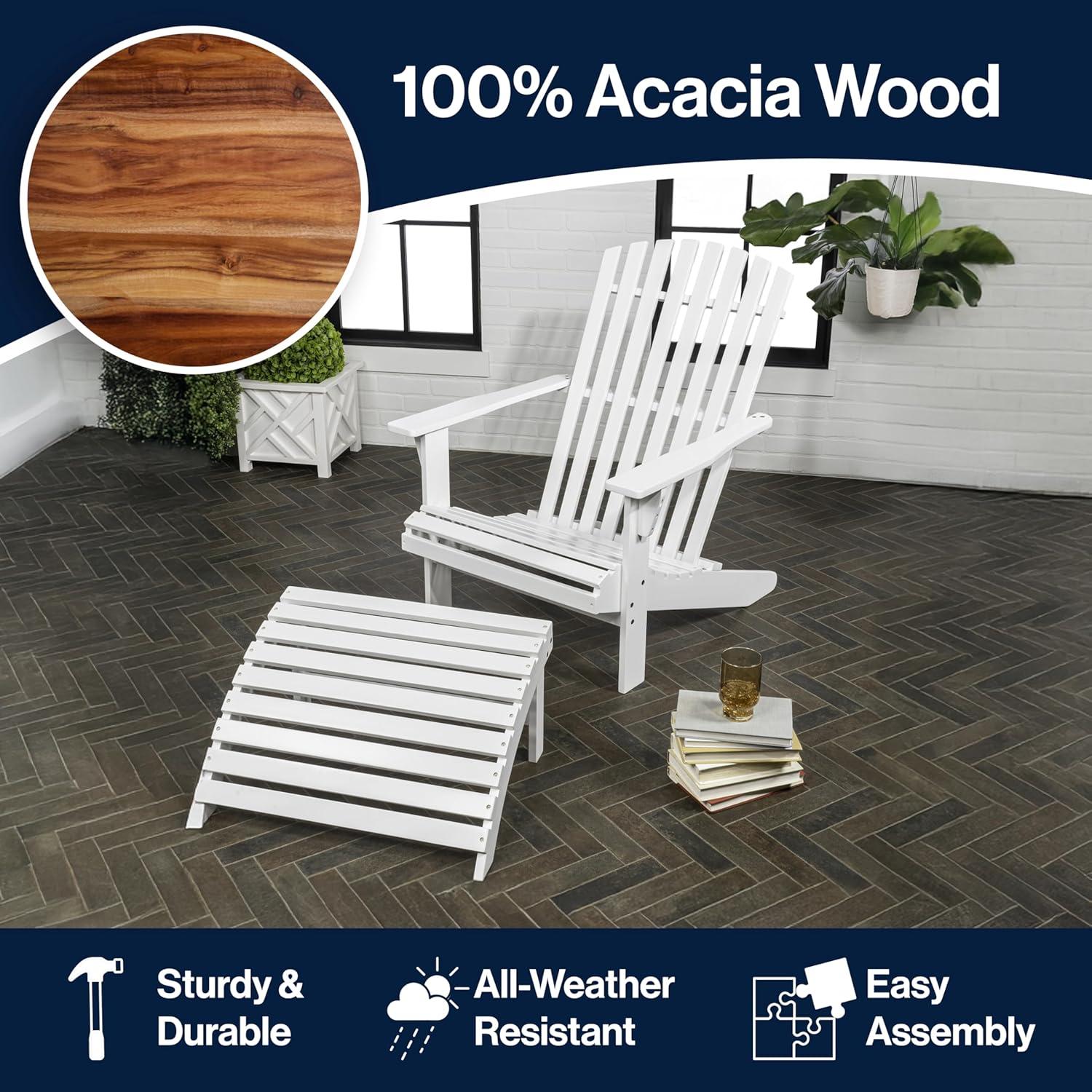 Saranac 2-Piece Traditional Rustic Acacia Wood Adirondack Chair with Detachable Ottoman, White - JONATHAN Y