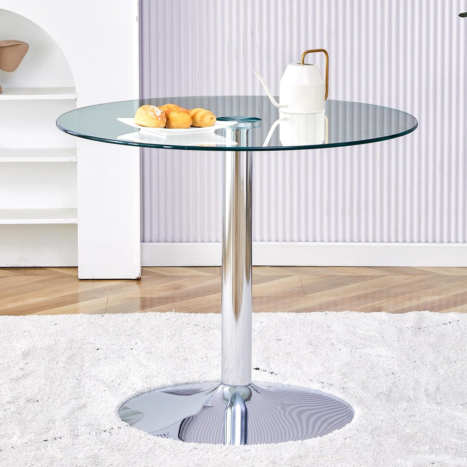 35" Round Glass Dining Table with Silver Metal Base