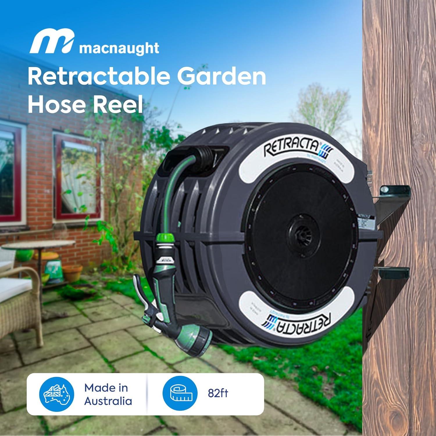 Macnaught Retractable Garden Hose Reel, 82 Ft Water Hose Reel Heavy Duty Retractable Hose with Metal 180° Swivel Rotation Bracket for Wall Mount - Beige