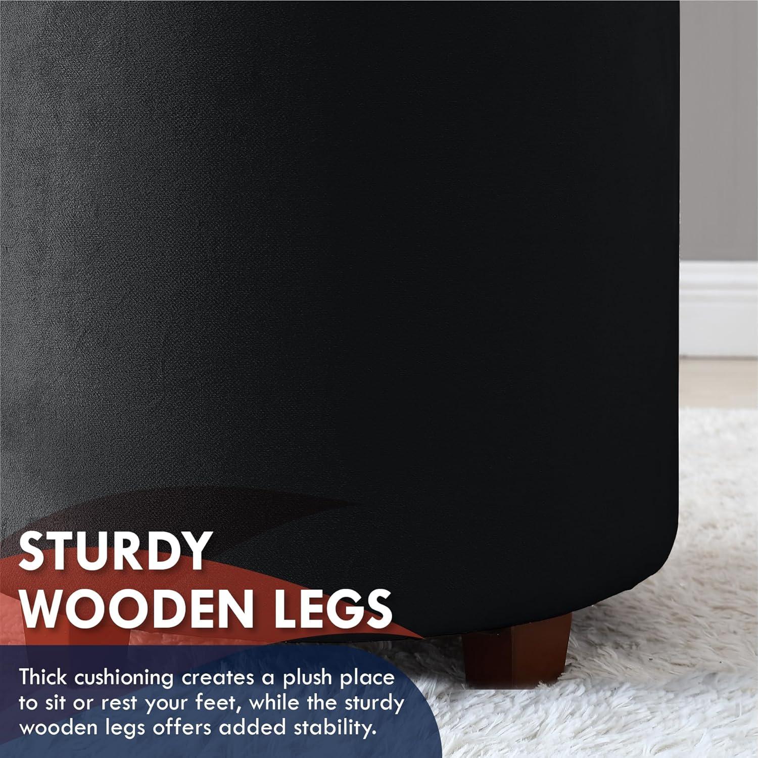 Ornavo Home Lawrence Round Storage Ottoman with Table Top Lid - Velvet Black