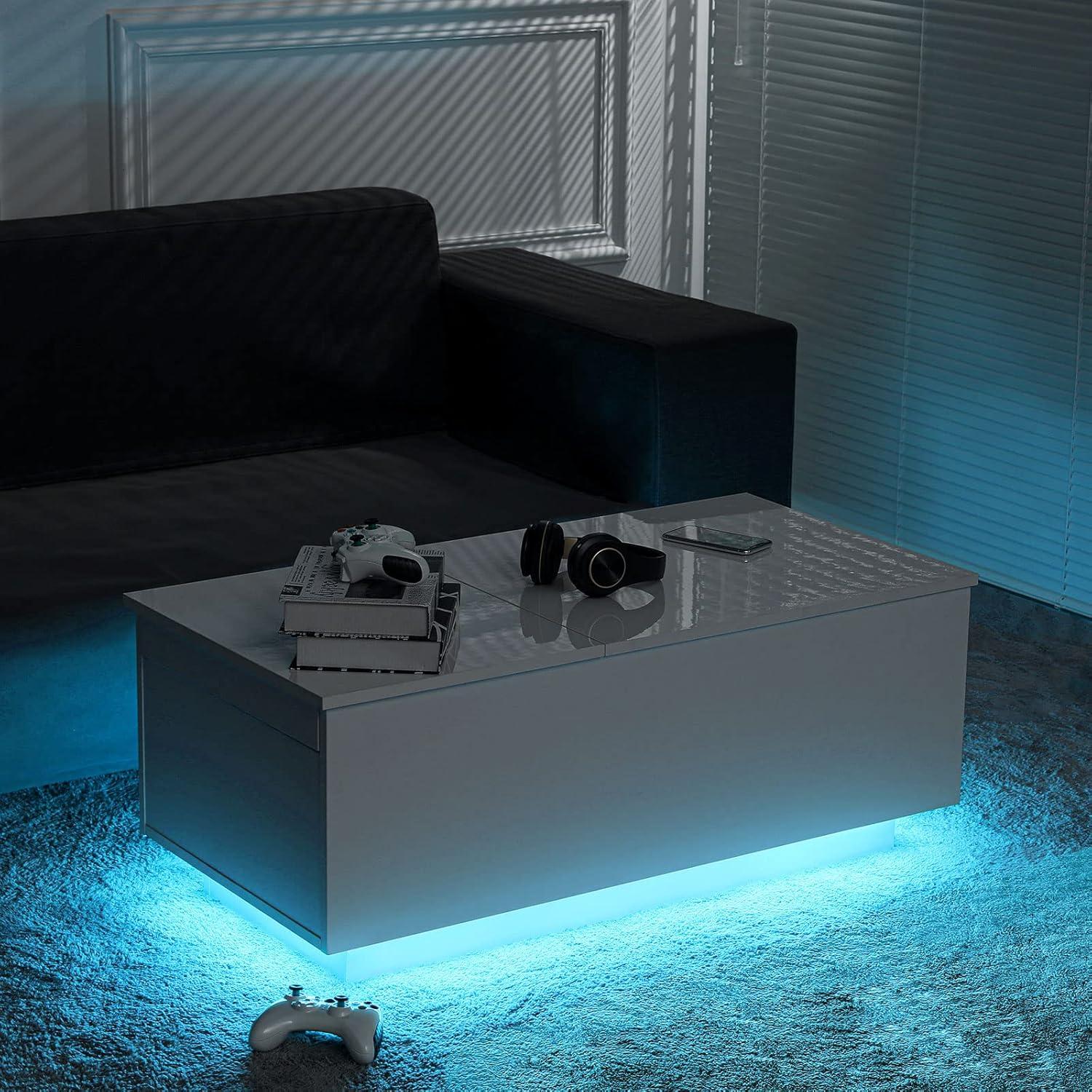 Hommpa LED Coffee Table with USB Ports and Outlets Lift Top Coffee Tables with Storage High Gloss White Rectangular Modern Center Table for Living Dining Room