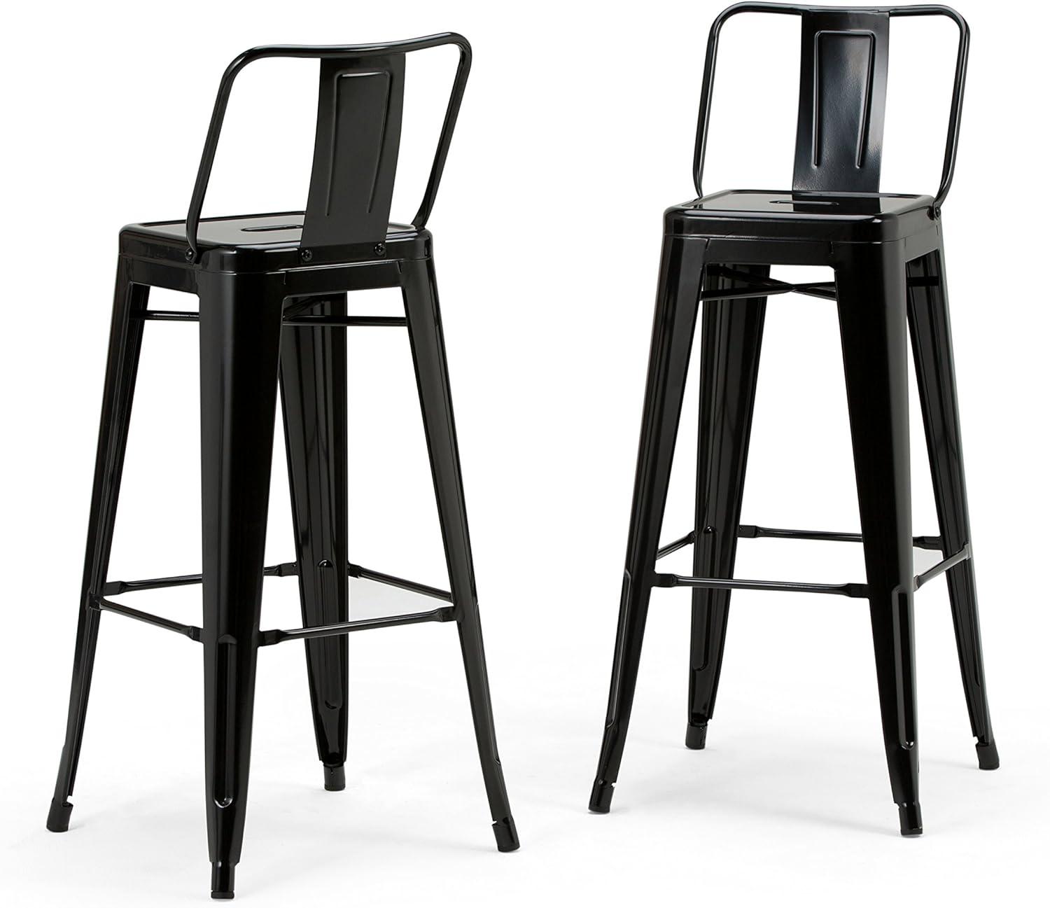 Simpli Home Rayne Metal Industrial Stool with Curved Back, Cross-Brace, and Footrest