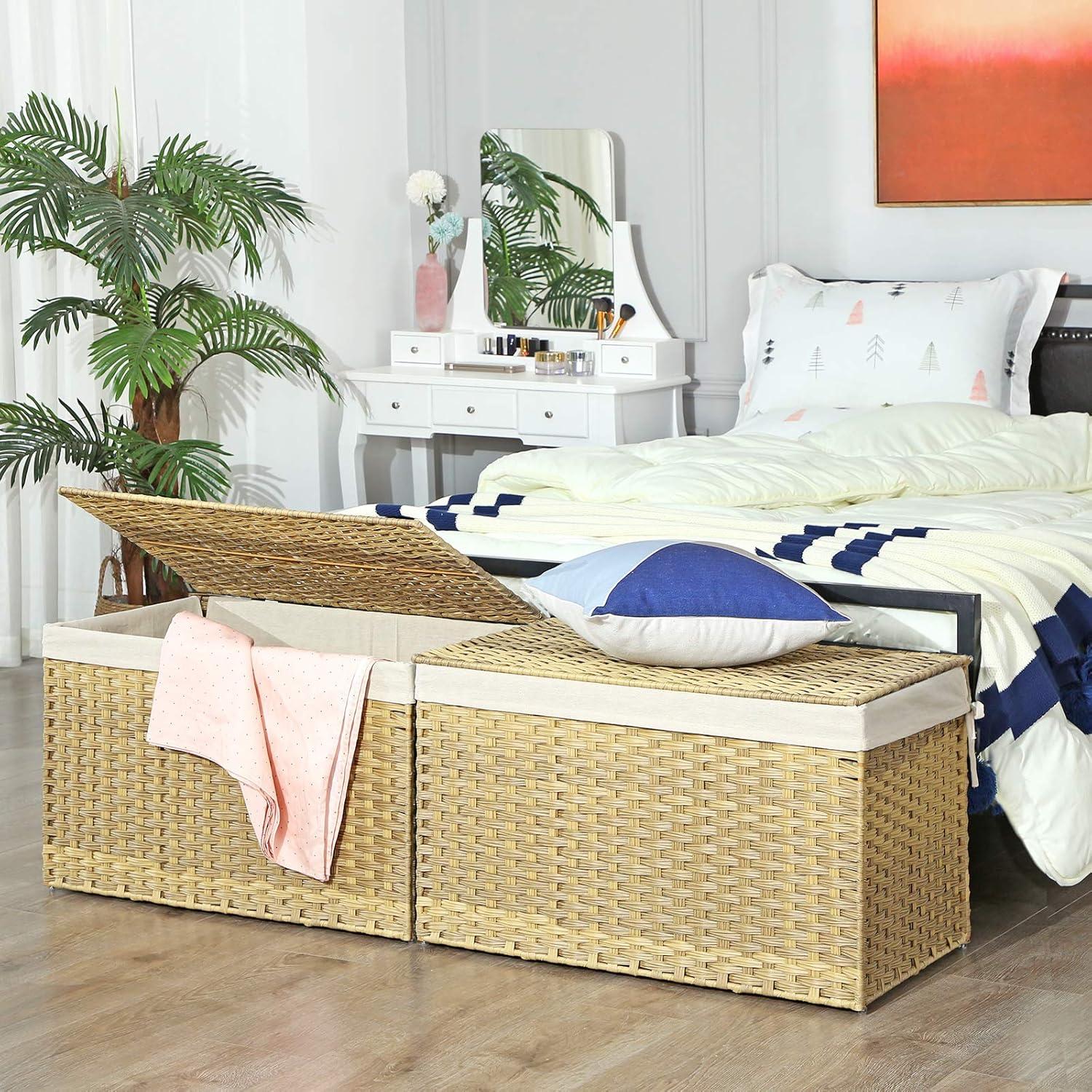 SONGMICS Storage Basket with Lid, 42.3 Gallon (160L) Storage Bin, Woven Blanket Storage Basket with Handles, Foldable, Removable Liner, Natural
