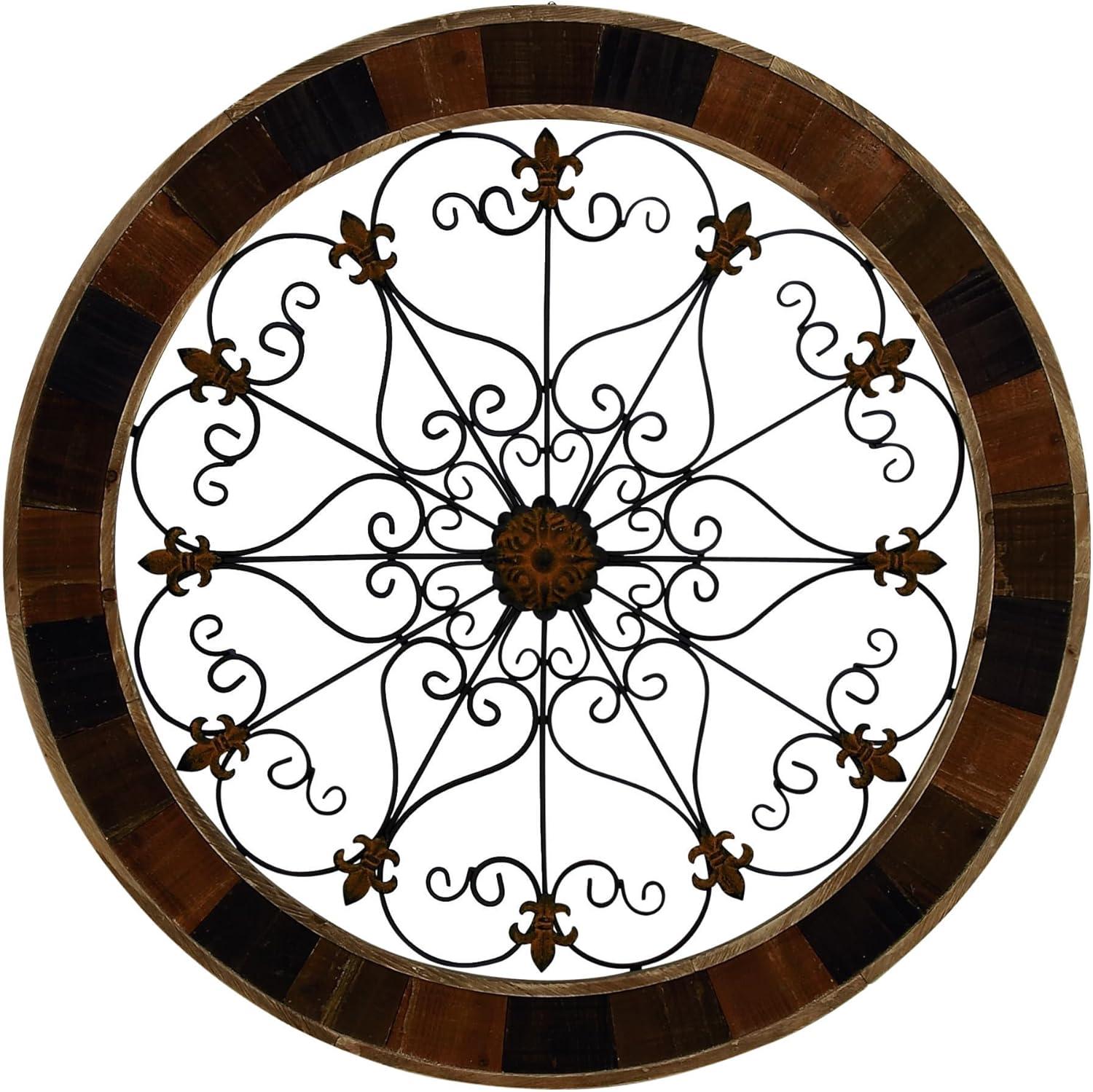 DecMode Brown Wood Arabesque Scroll Wall Decor with Metal Fleur De Lis Relief