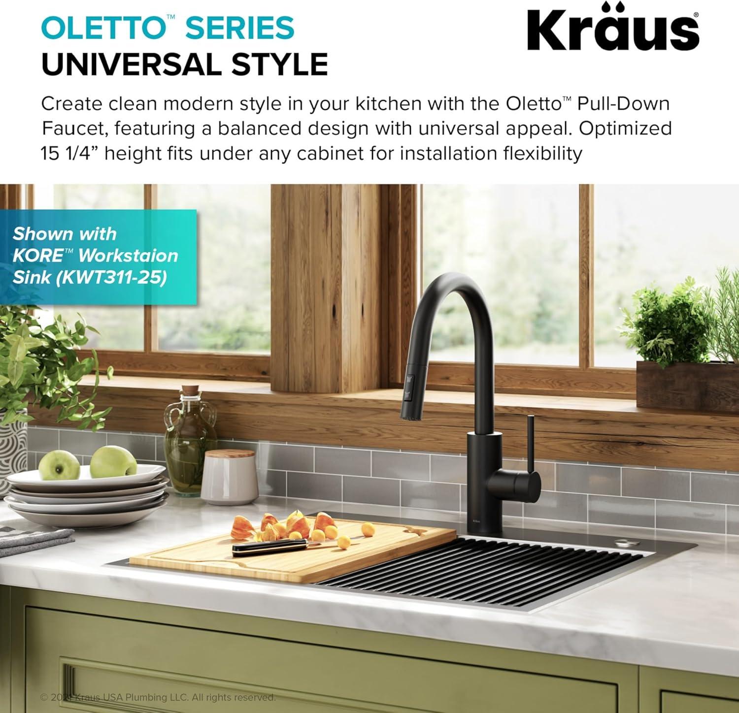 KRAUS Oletto Single Handle Pull Down Kitchen Faucet with QuickDock Top Mount Installation Assembly