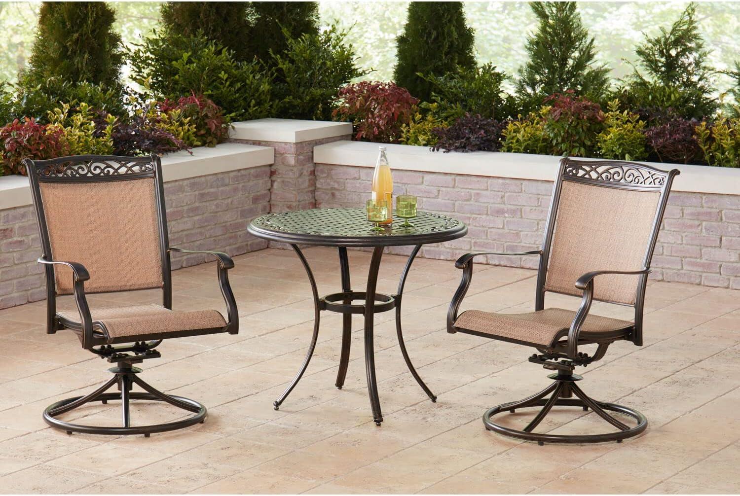 Hanover Fontana 3-Piece Bistro Set with 2 Sling Swivel Rockers and a 32-In. Cast-Top Table