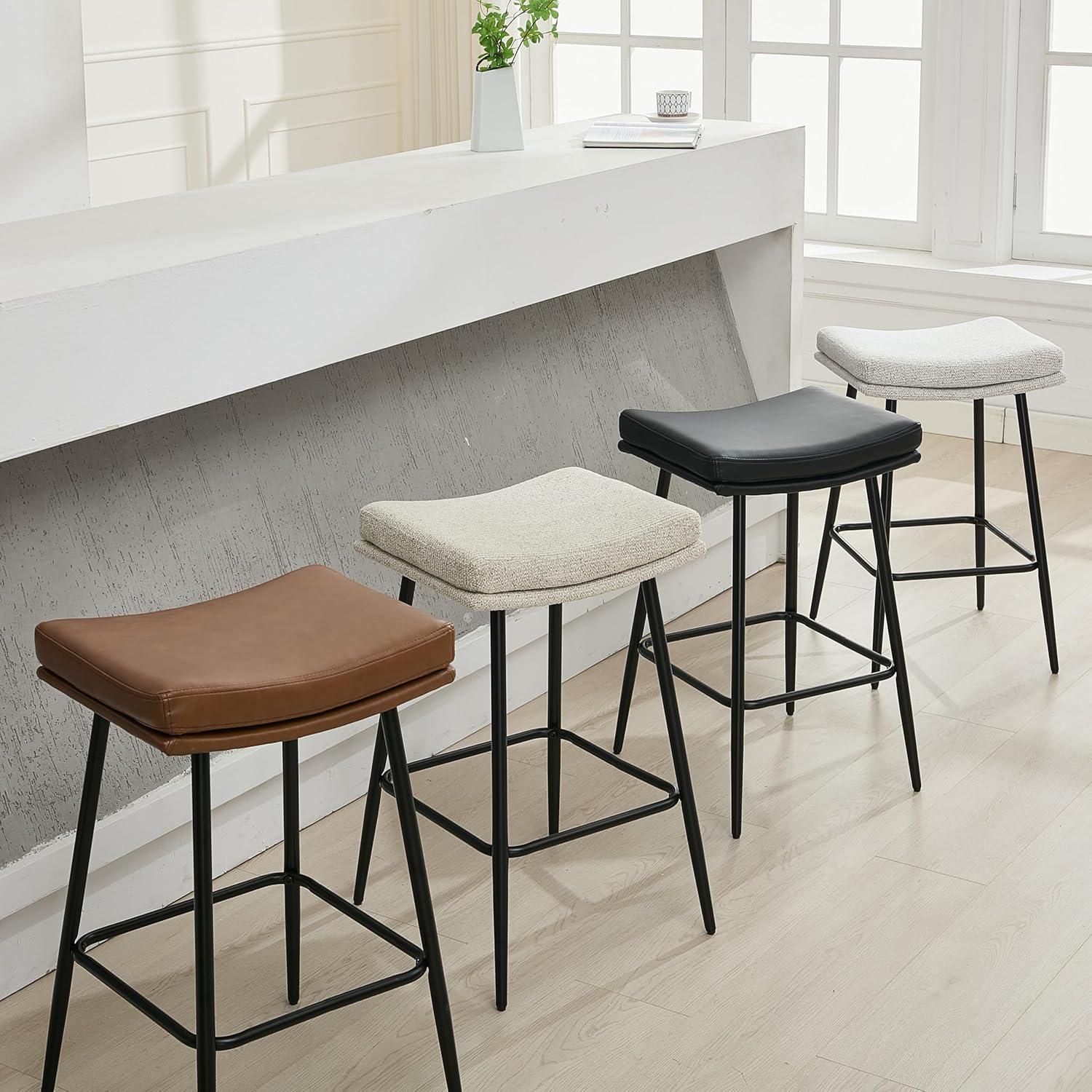 26 inch Counter Height Bar Stools Set of 2, Backless Saddle Bar Stools for Kitchen Counter, White Boucle Seat, Modern Kitchen Stools with Double Layered Cushion and Metal Legs
