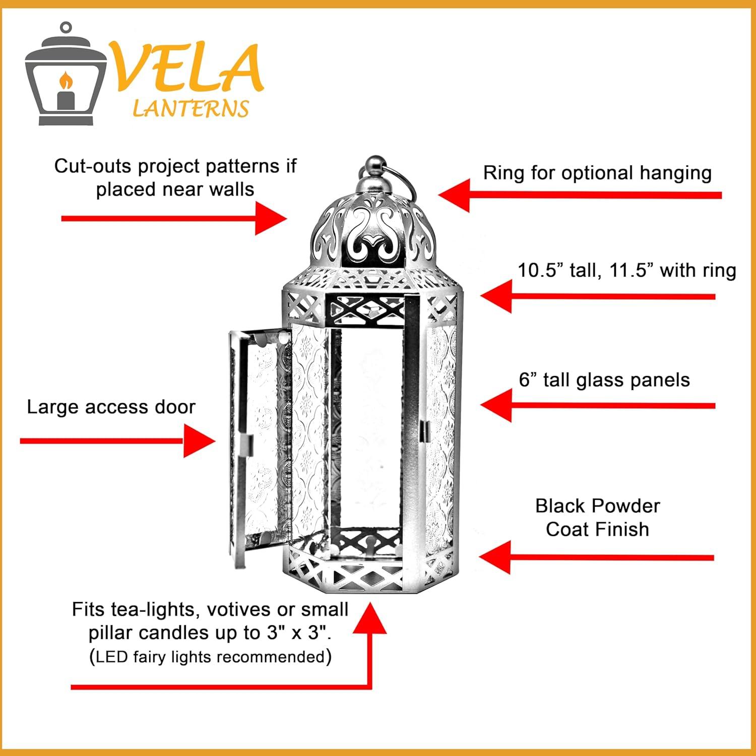 VELA LANTERNS 10.5" Purple Gothic Moroccan Candle Lantern Decorative Candle Holder Lamp for Table or Hanging, Ramadan Decorations, Indoor Home Room Halloween Decor, Outdoor Patio or Porch, Medium