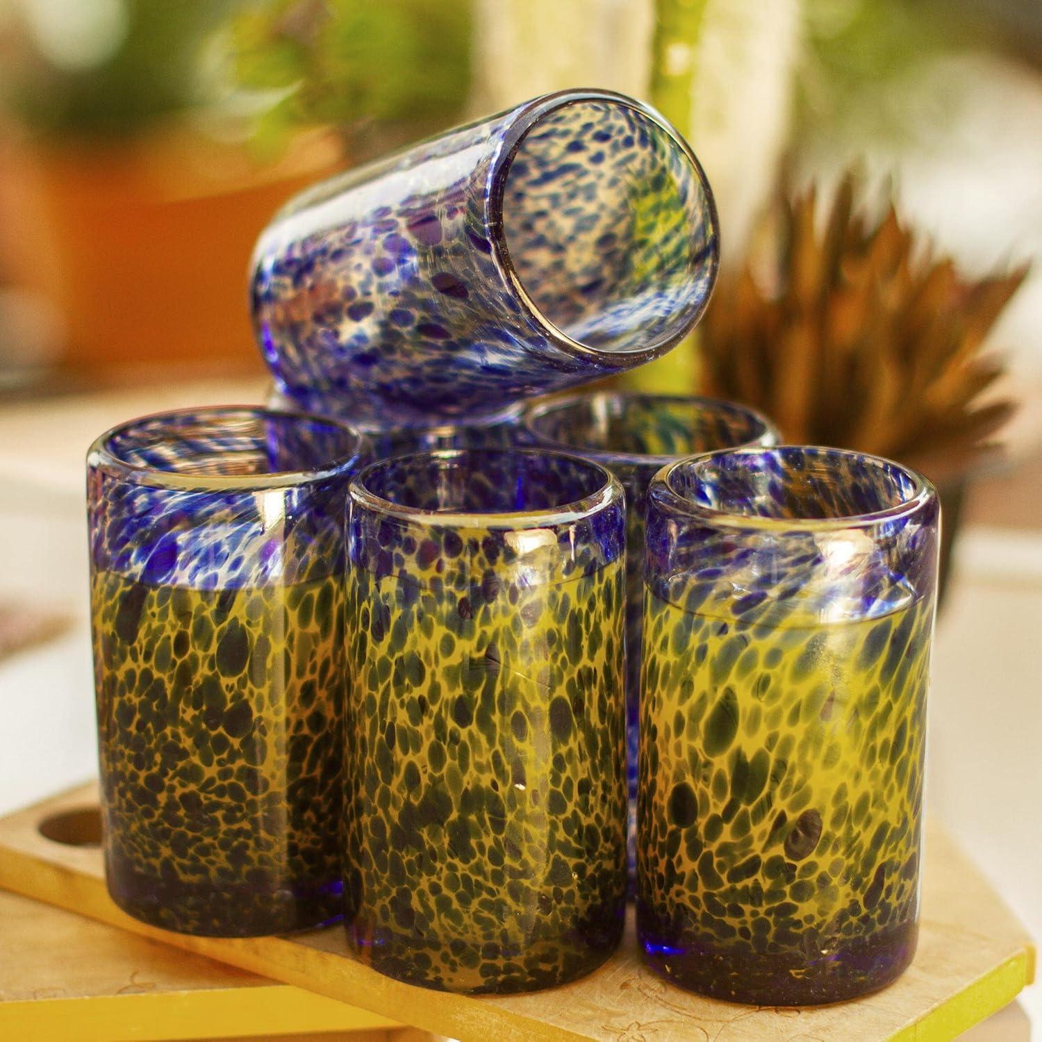 Handcrafted Cobalt Blue Confetti Recycled Glass Juice Tumblers, Set of 6