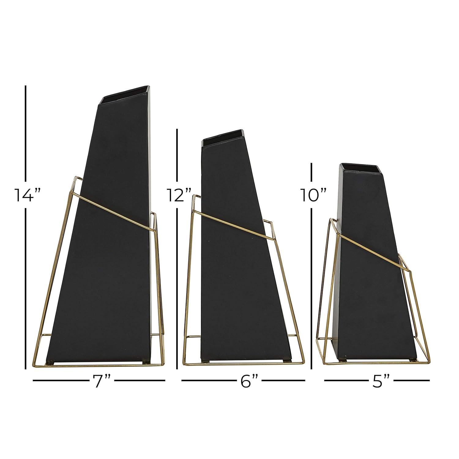 DecMode 10", 12", 14"H Black Metal Vase with Gold Wire Accents, Set of 3