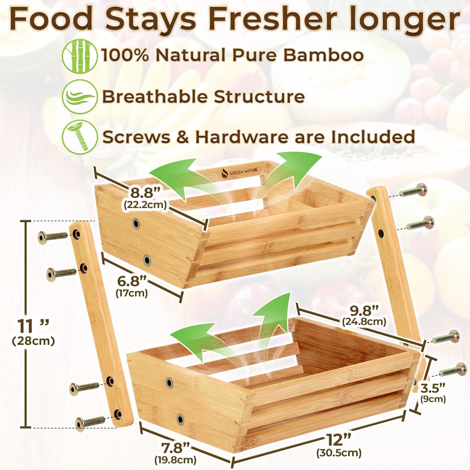 Bamboo Basket for Kitchen Counter Fruit & Vegetable Storage, Two Tier Wooden Fruit Bowl by Golden Nature