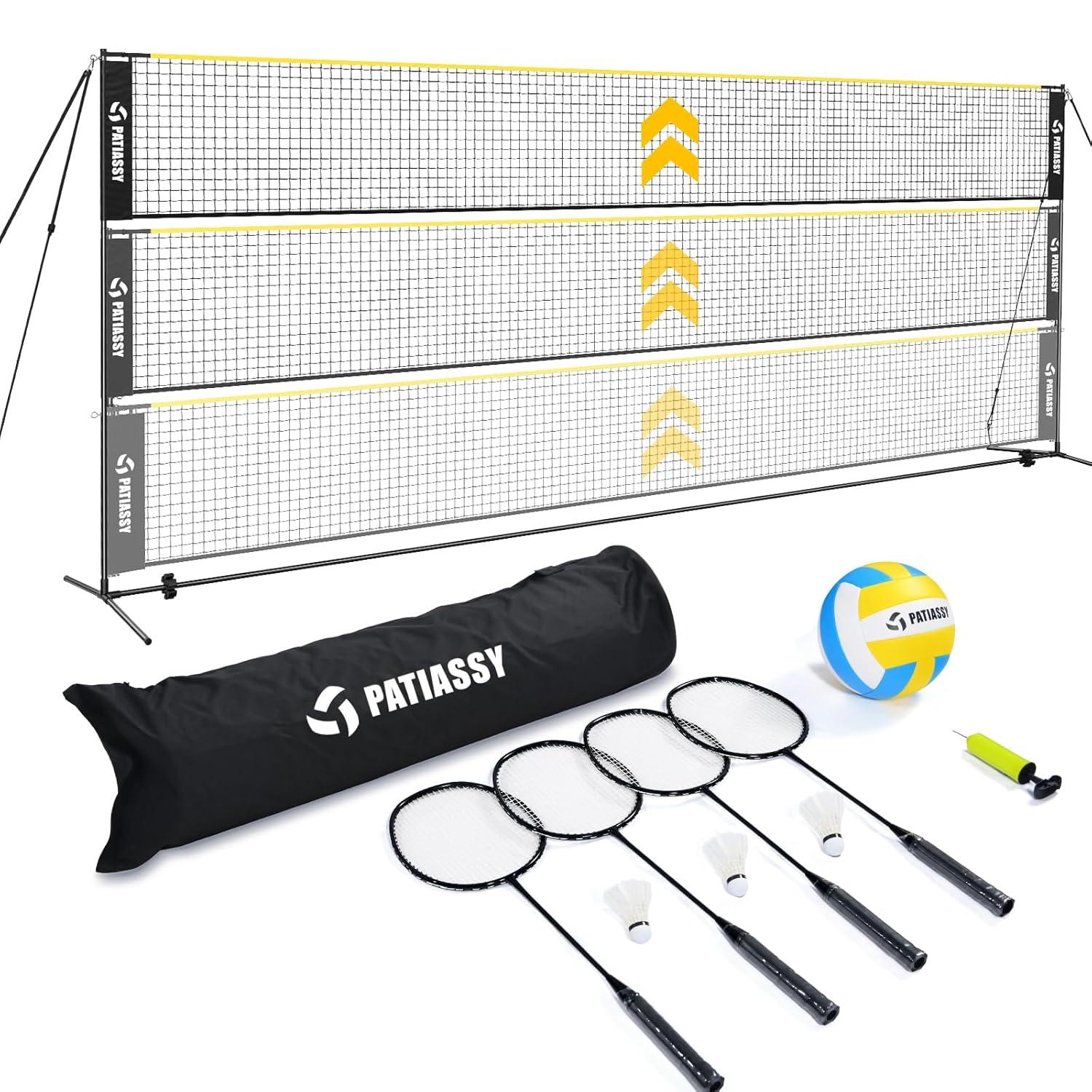 17FT Badminton Volleyball Combo Net Set for Backyard, 5.1ft-7.4ft Adjustable Heigh Portable Sports Net with Poles, 4 Badminton Rackets, 3 Shuttlecocks and Volleyball for Driveway Game