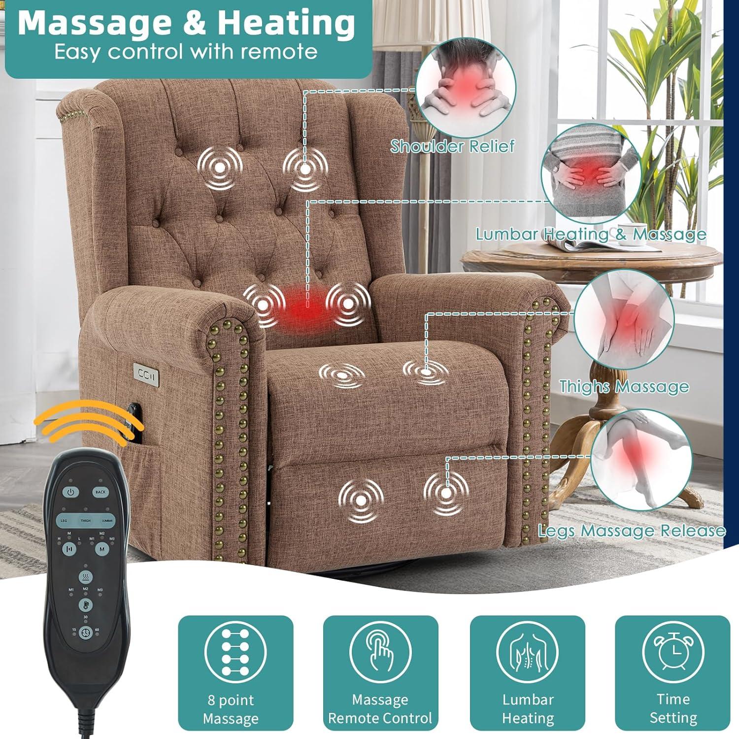 MEETWARM Meetwarm Power Swivel Rocking Glider Recliner Chair With Heat And Vibration, Electric Rocker Nursery Reclining Chair, Wingback Tufted Upholstered Recliner For Living Room, Type-C & Usb Ports