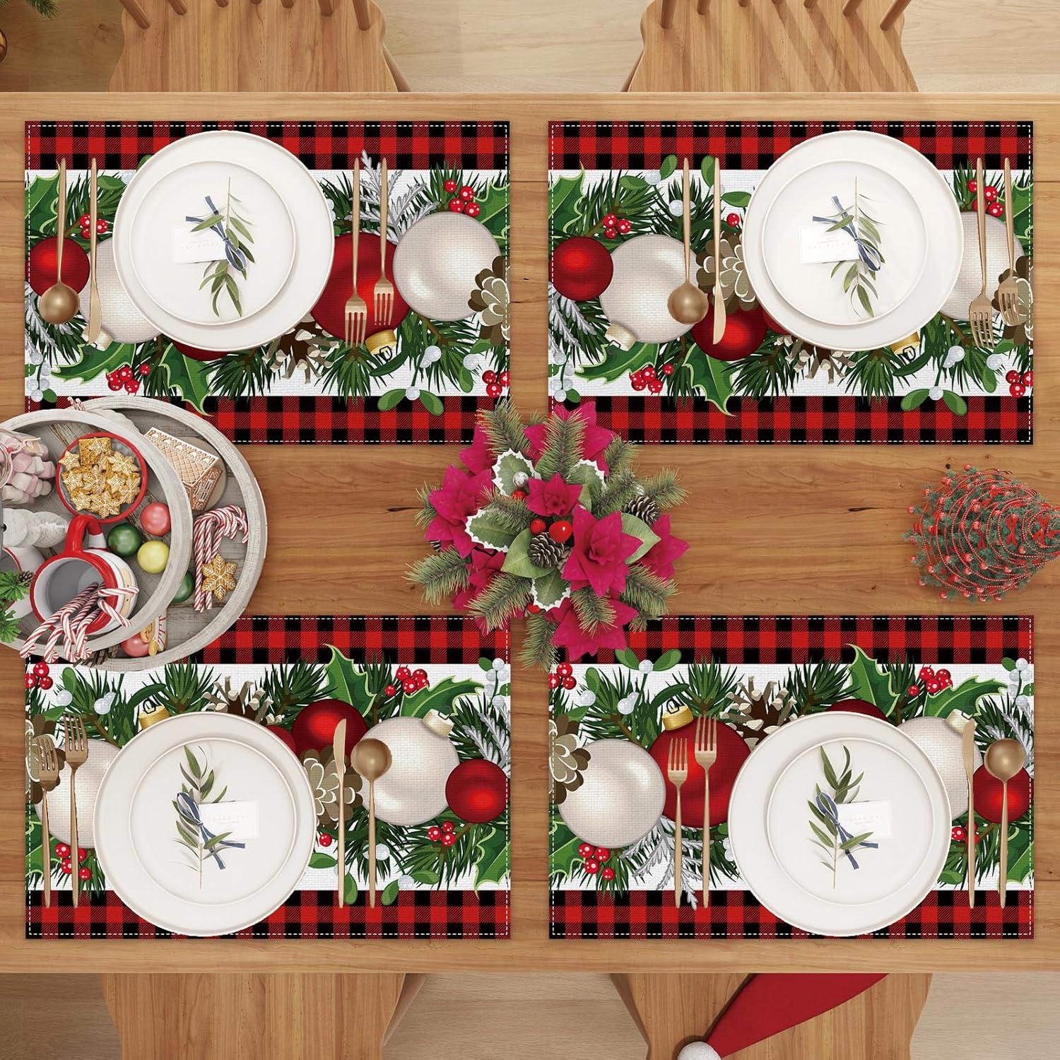 Linen Red and Black Buffalo Check Plaid Christmas Placemats Set of 4 Farmhouse Winter Christmas Xmas Holiday Home Kitchen Table Decorations