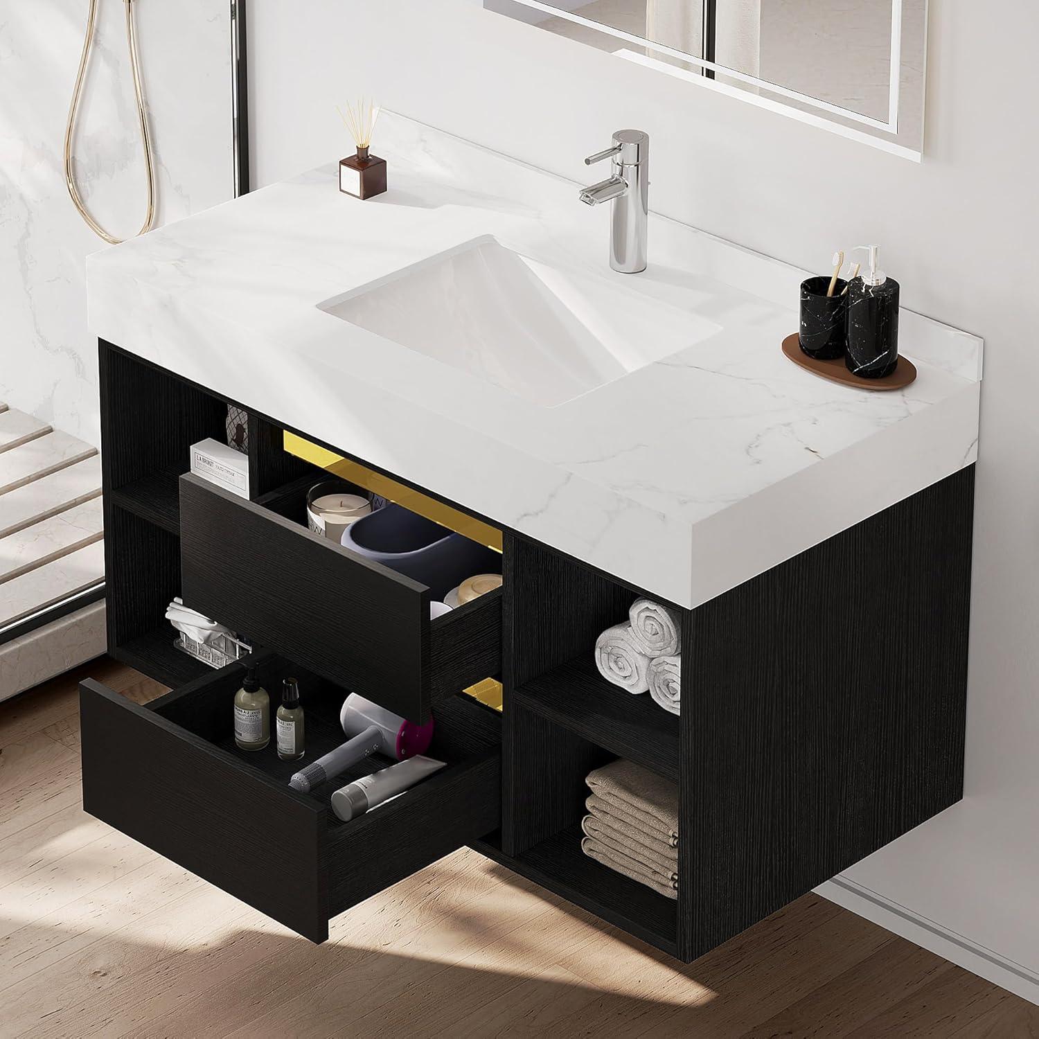 40-Inch Black Wall-Mounted Vanity with White Ceramic Sink and Storage